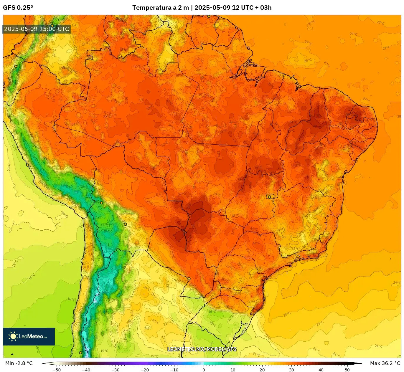 GFS - Brasil, Temperatura a 2 m GFS - Brasil, Temperatura a 2 m