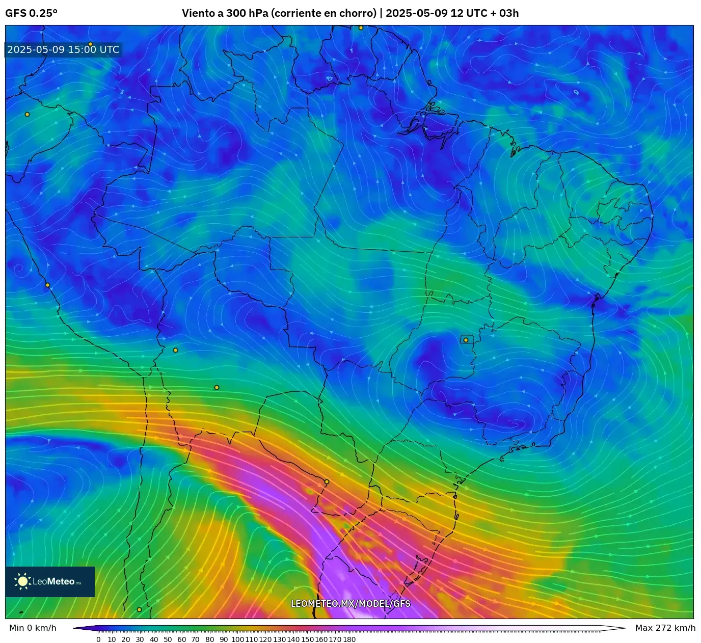 GFS - Brasil, Viento a 300 hPa (corriente en chorro) GFS - Brasil, Viento a 300 hPa (corriente en chorro)