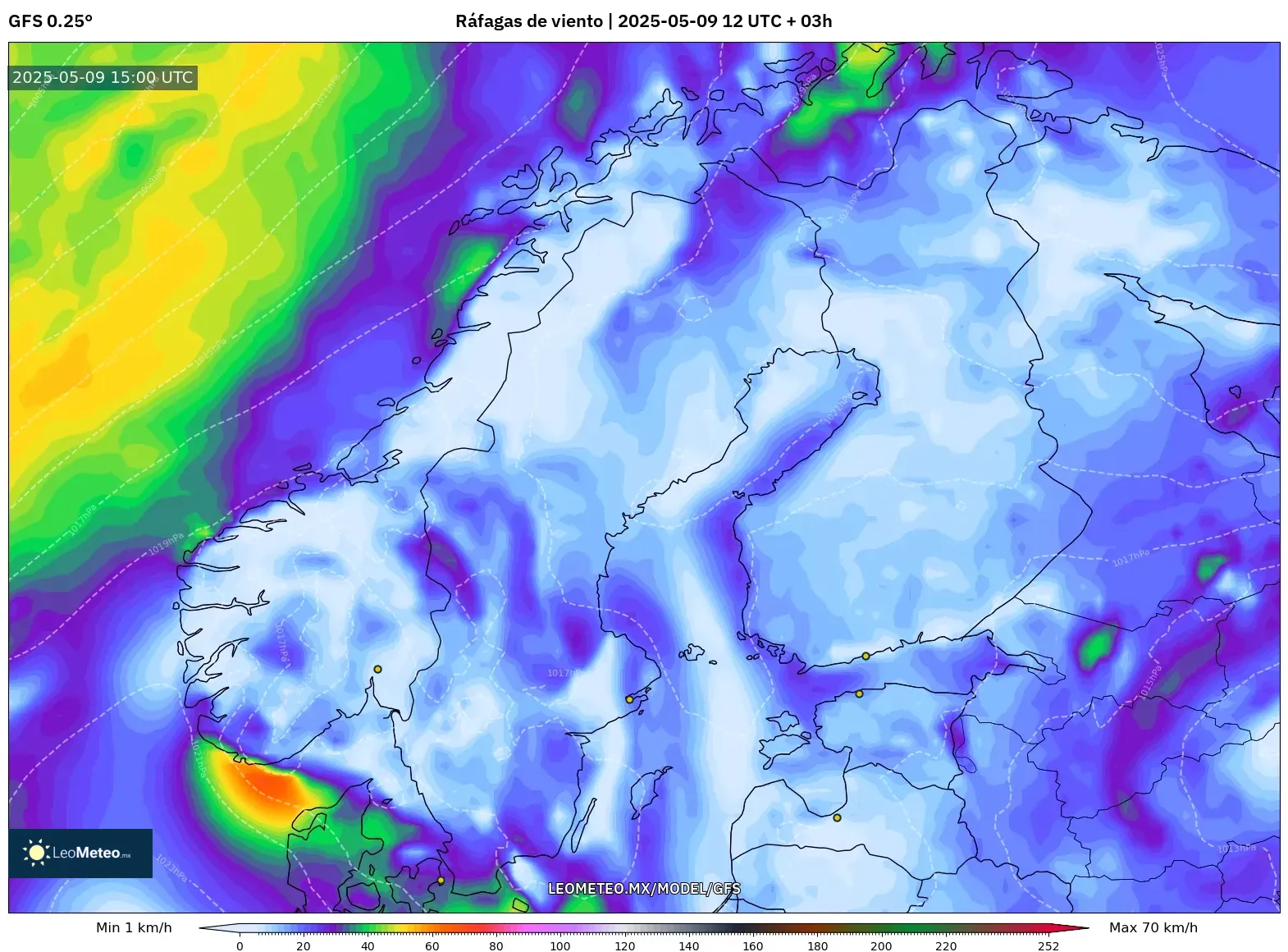 GFS - Escandinavia, Ráfagas de viento GFS - Escandinavia, Ráfagas de viento