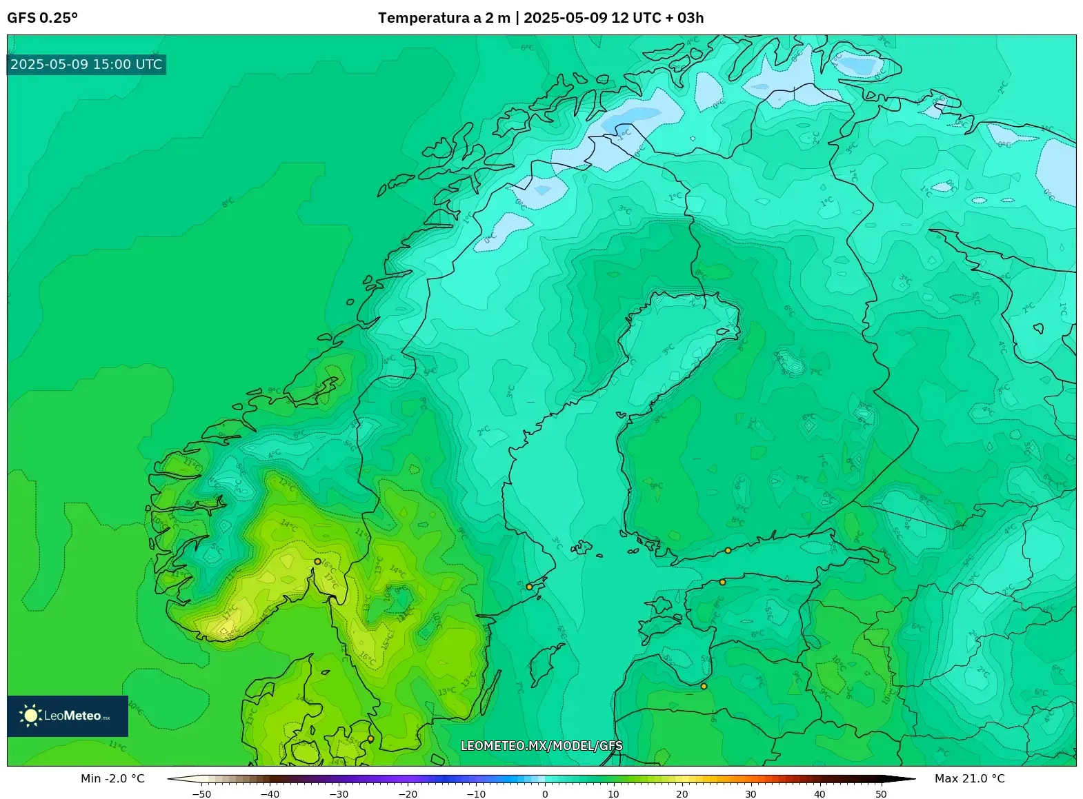 GFS - Escandinavia, Temperatura a 2 m GFS - Escandinavia, Temperatura a 2 m