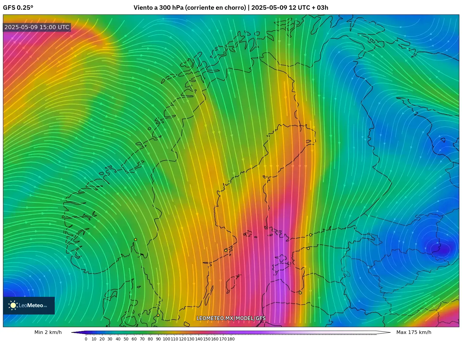 GFS - Escandinavia, Viento a 300 hPa (corriente en chorro) GFS - Escandinavia, Viento a 300 hPa (corriente en chorro)