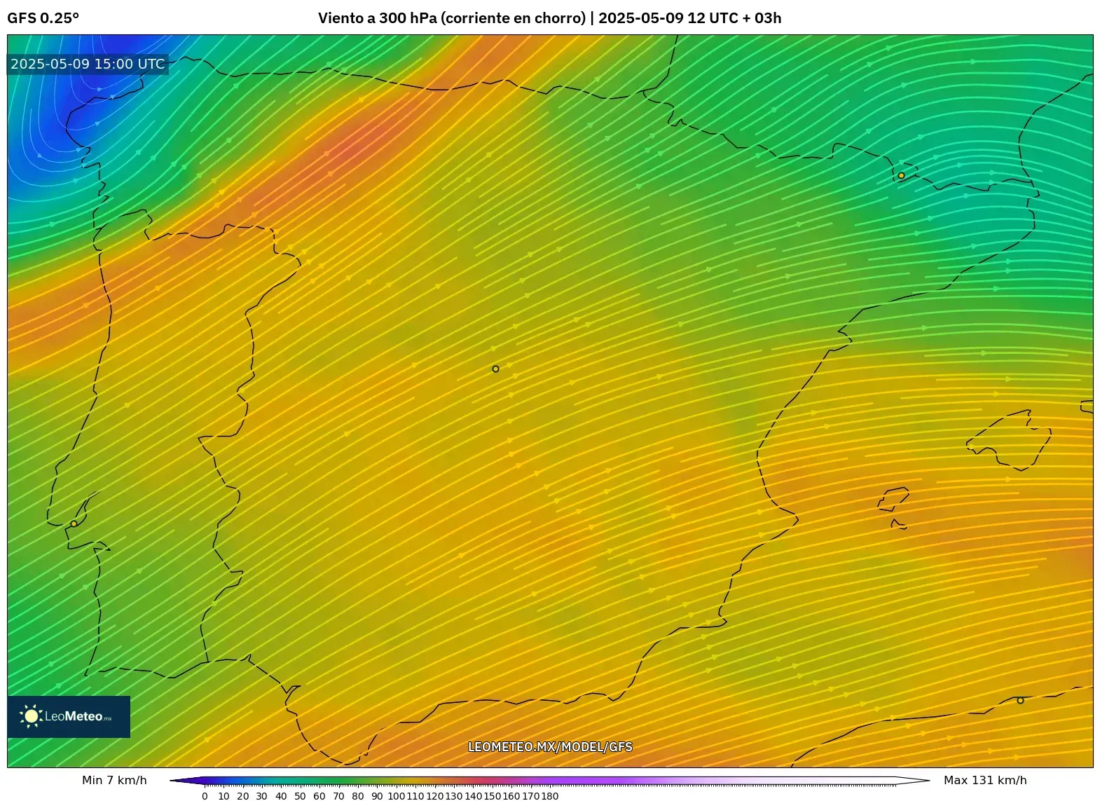 GFS - España, Viento a 300 hPa (corriente en chorro) GFS - España, Viento a 300 hPa (corriente en chorro)