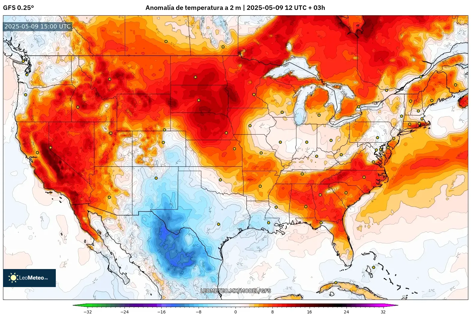 GFS - Estados Unidos, Anomalía de temperatura a 2 m GFS - Estados Unidos, Anomalía de temperatura a 2 m