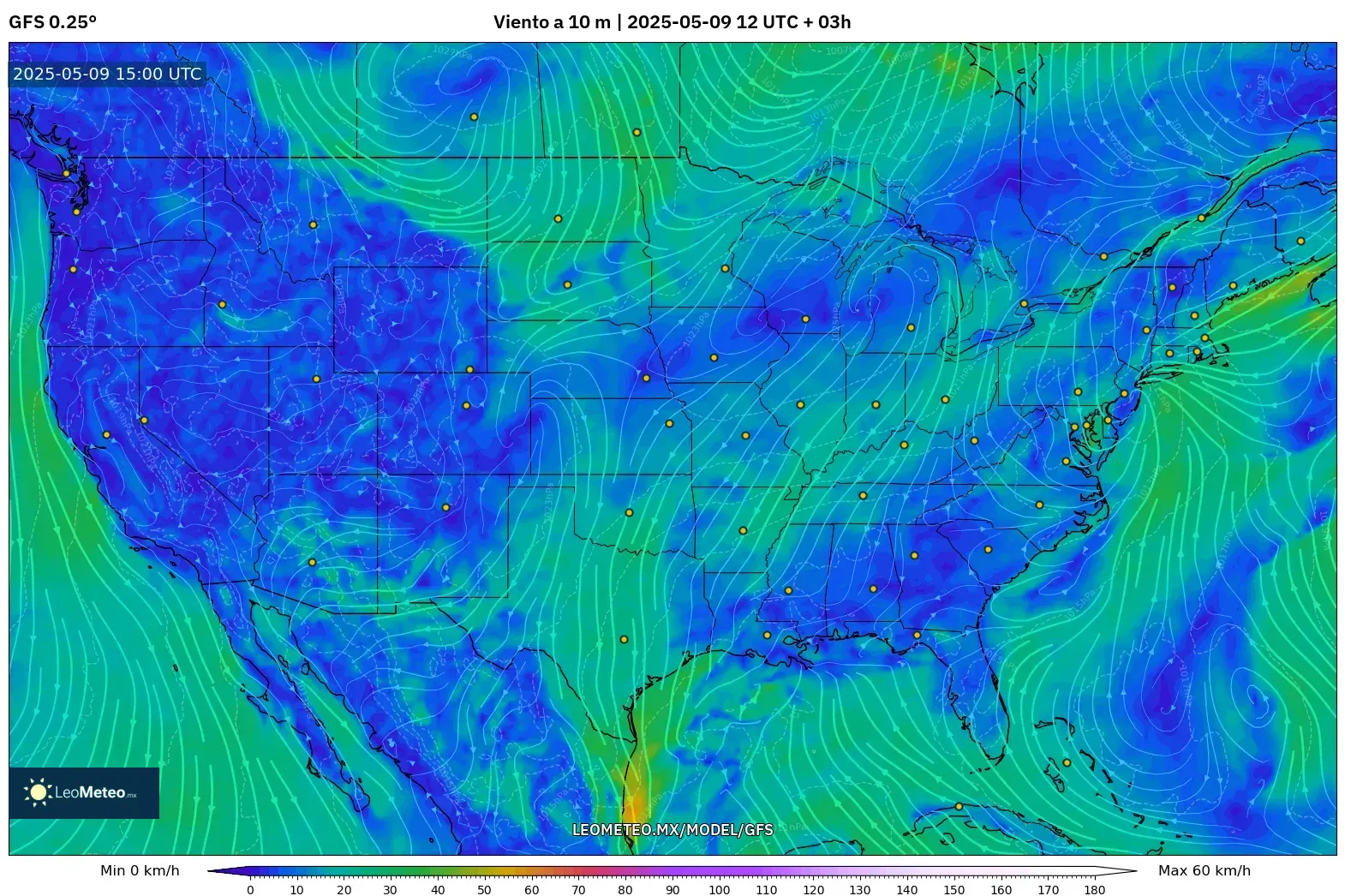 GFS - Estados Unidos, Viento a 10 m GFS - Estados Unidos, Viento a 10 m