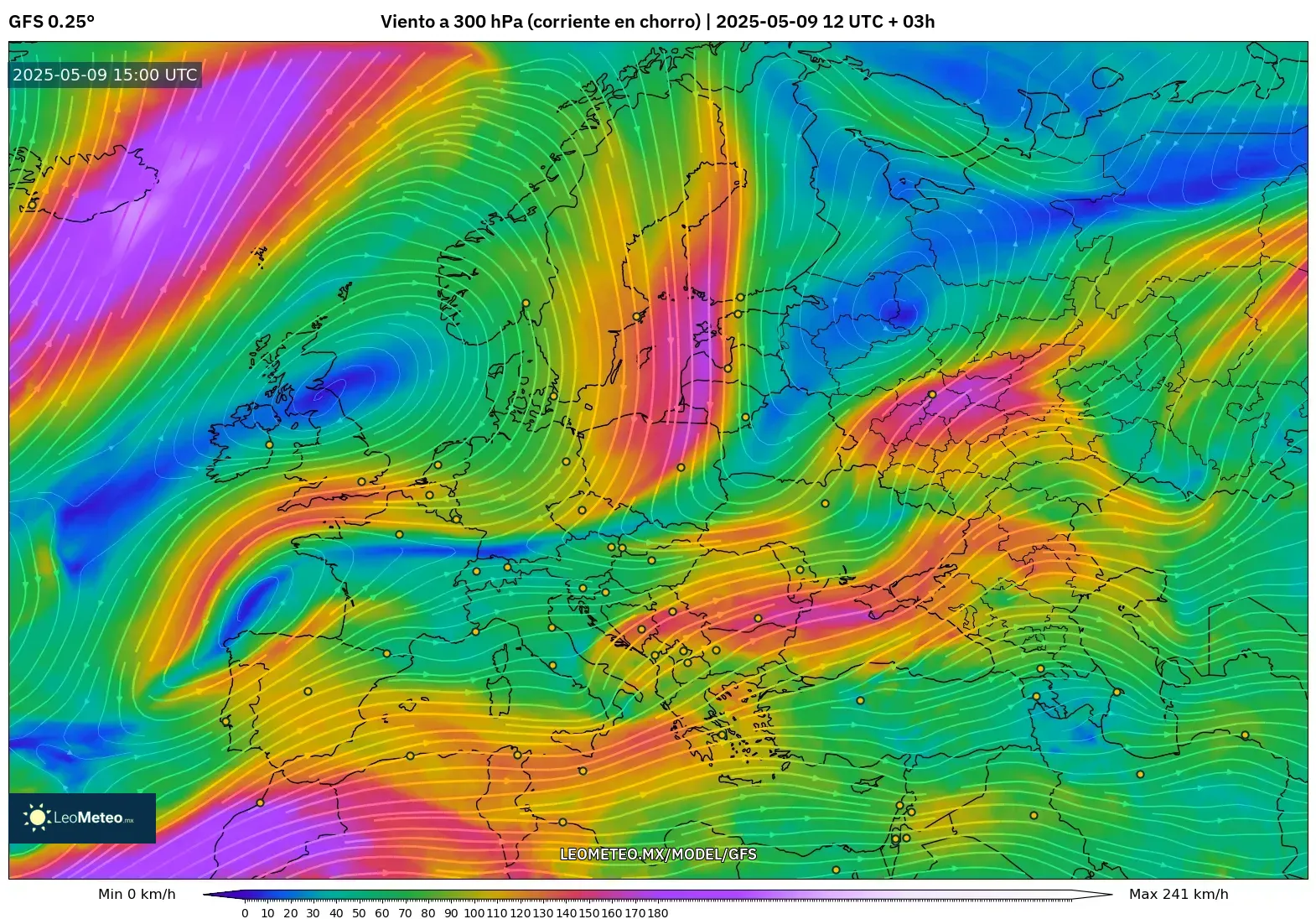 GFS - Europa, Viento a 300 hPa (corriente en chorro)