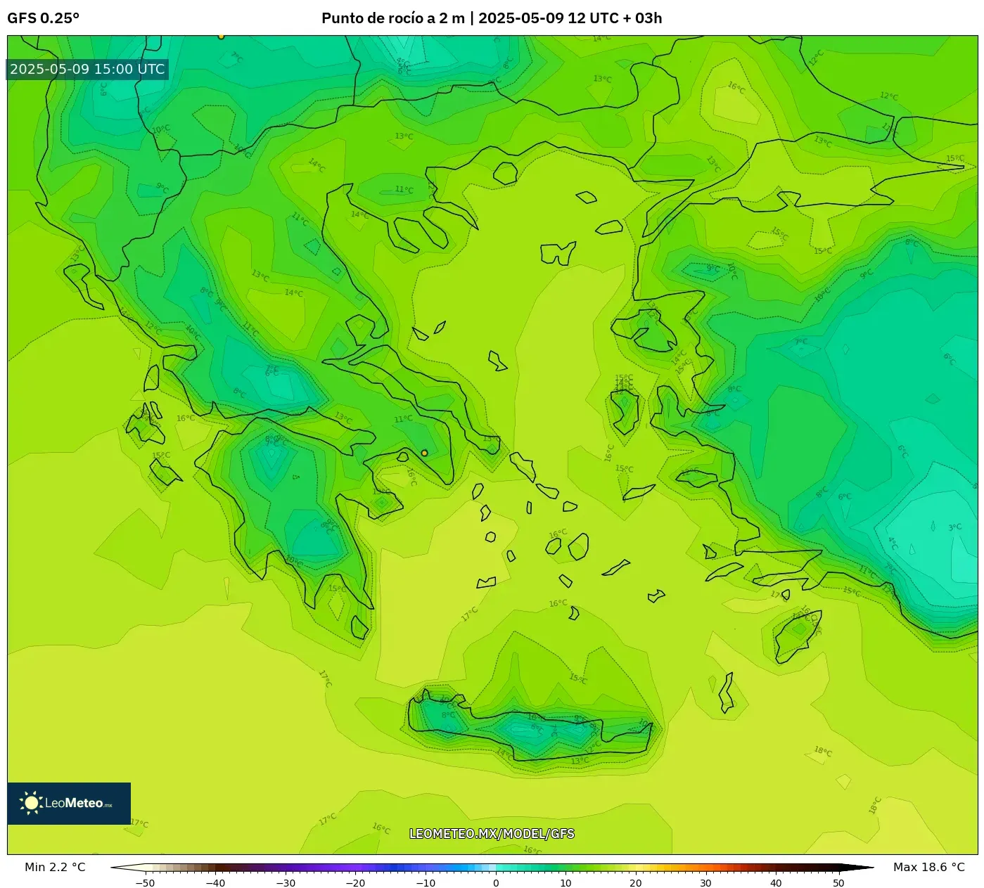 GFS - Grecia, Punto de rocío a 2 m GFS - Grecia, Punto de rocío a 2 m