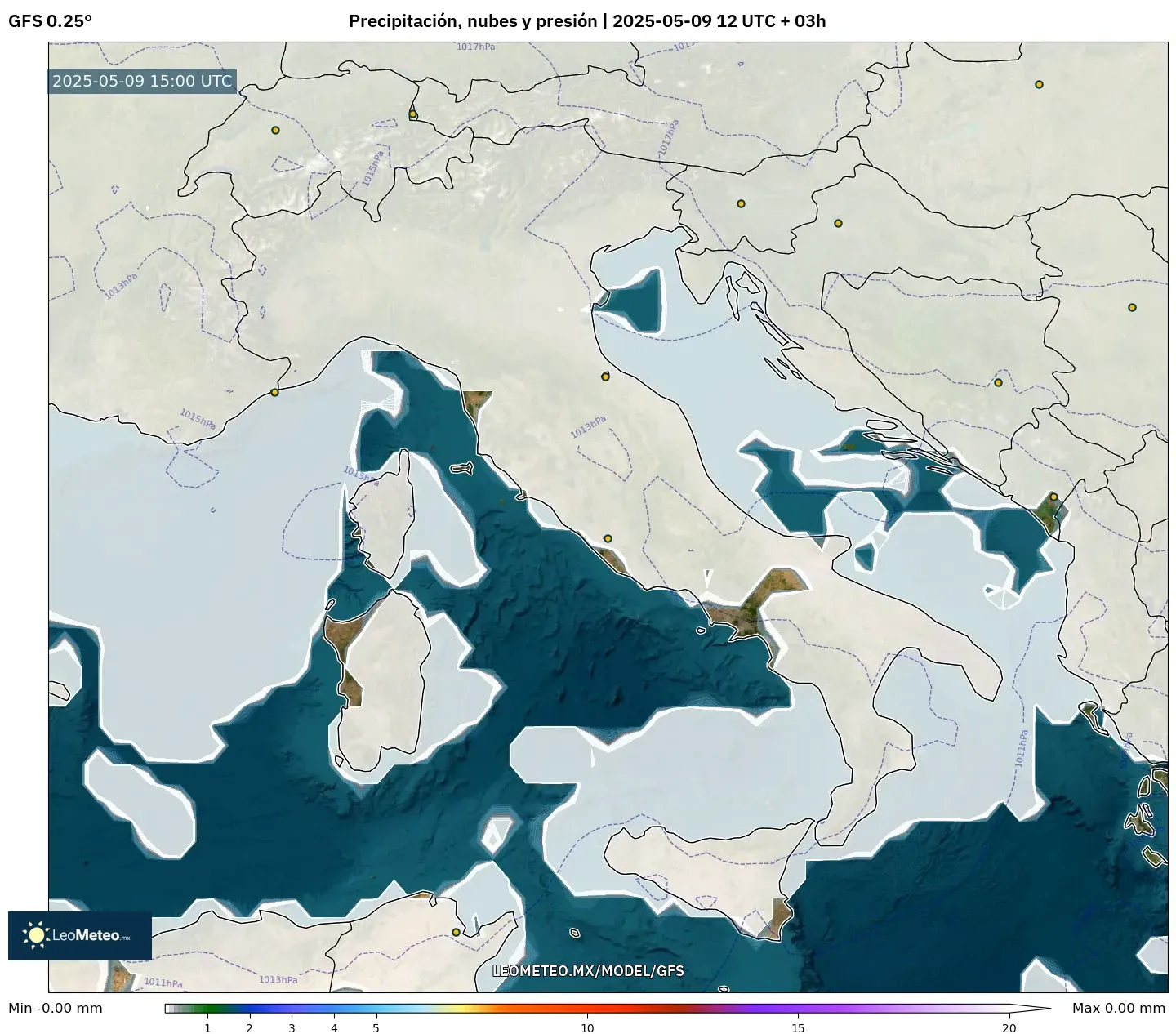 GFS - Italia, Precipitación, nubes y presión GFS - Italia, Precipitación, nubes y presión
