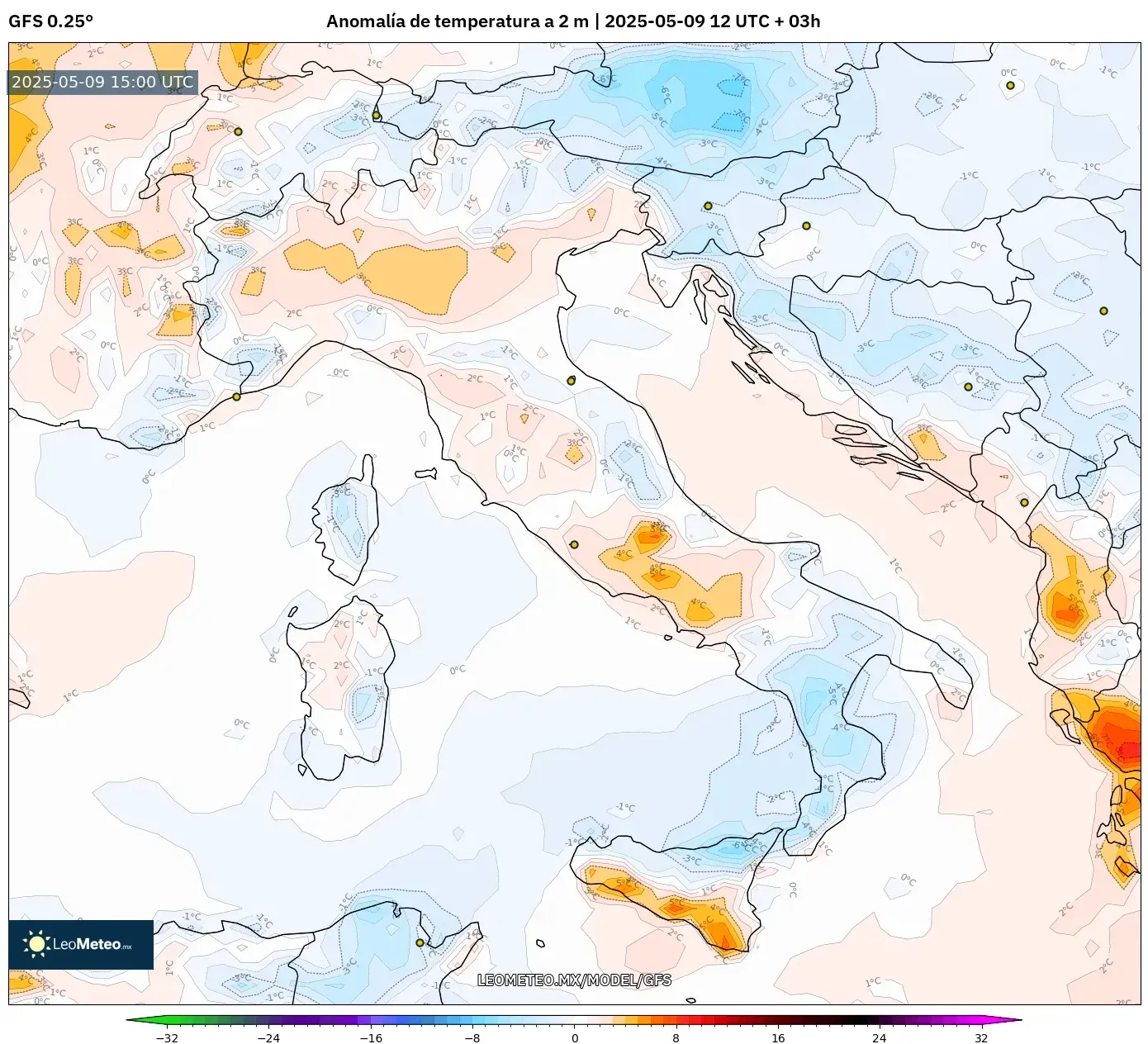 GFS - Italia, Anomalía de temperatura a 2 m GFS - Italia, Anomalía de temperatura a 2 m