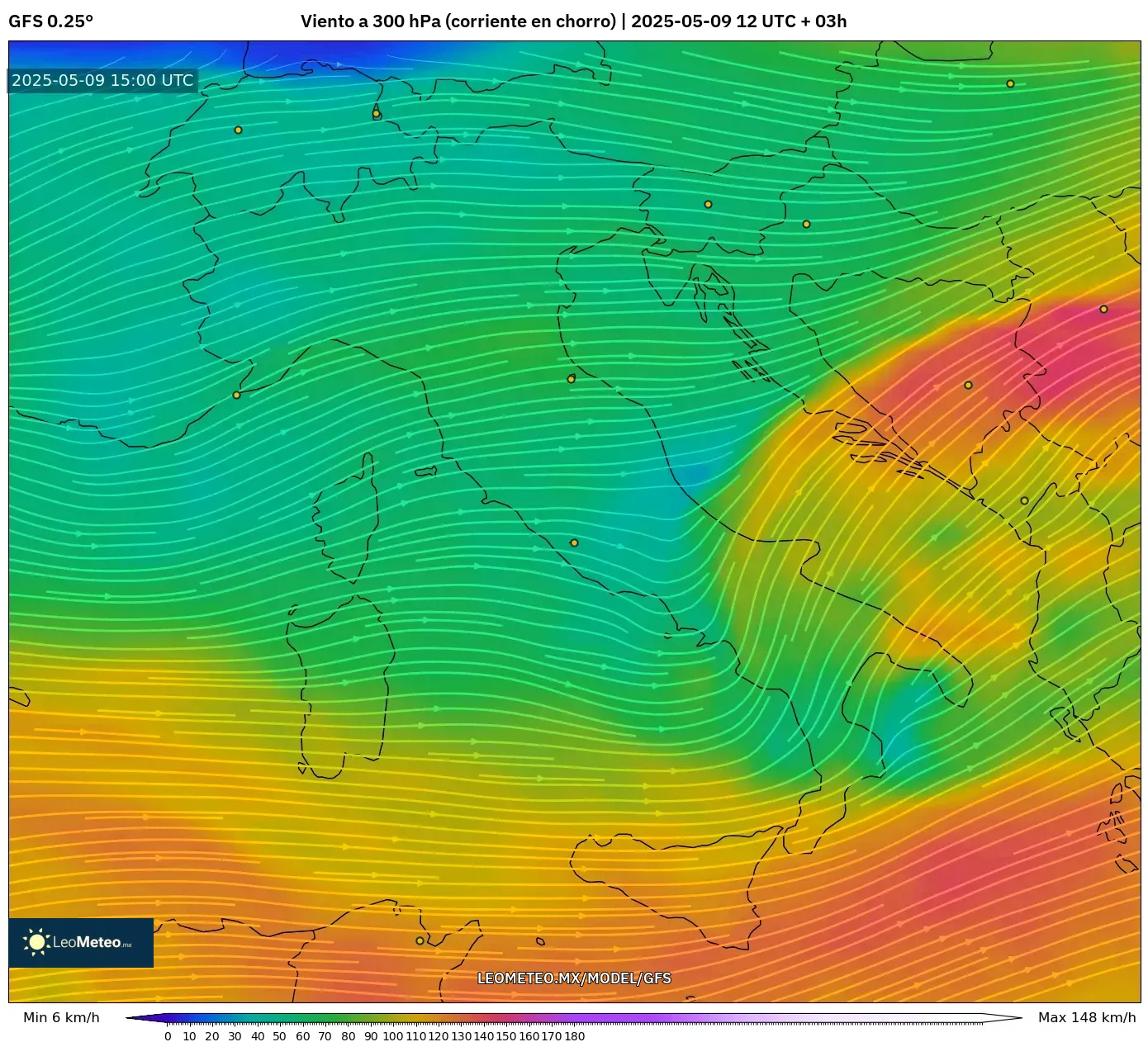GFS - Italia, Viento a 300 hPa (corriente en chorro) GFS - Italia, Viento a 300 hPa (corriente en chorro)