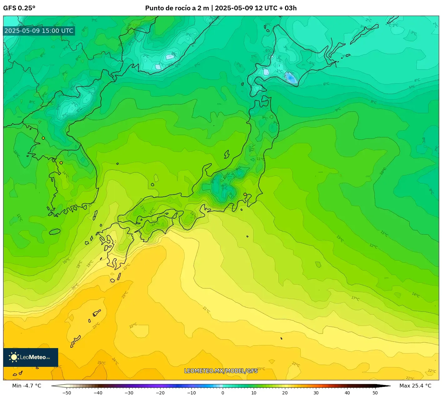 GFS - Japón, Punto de rocío a 2 m GFS - Japón, Punto de rocío a 2 m