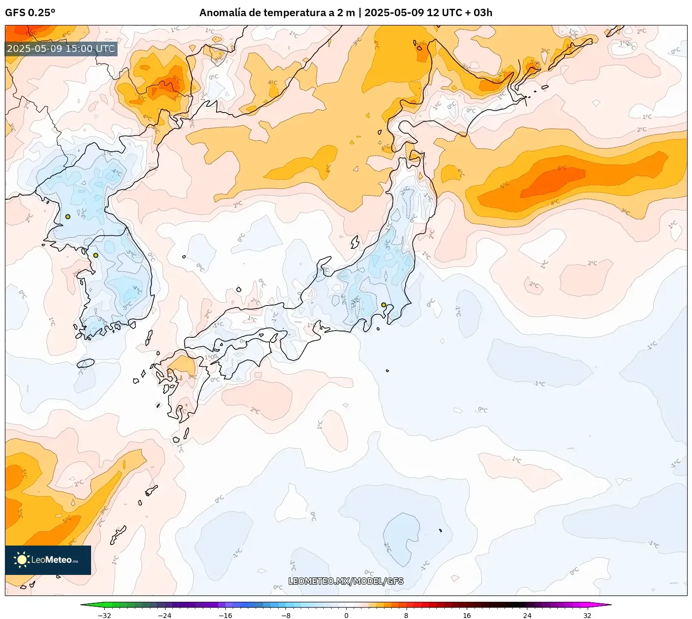 GFS - Japón, Anomalía de temperatura a 2 m GFS - Japón, Anomalía de temperatura a 2 m