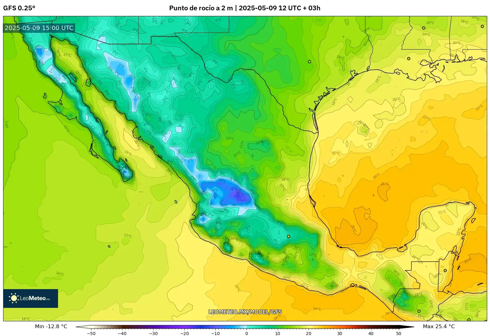 GFS - México, Punto de rocío a 2 m GFS - México, Punto de rocío a 2 m