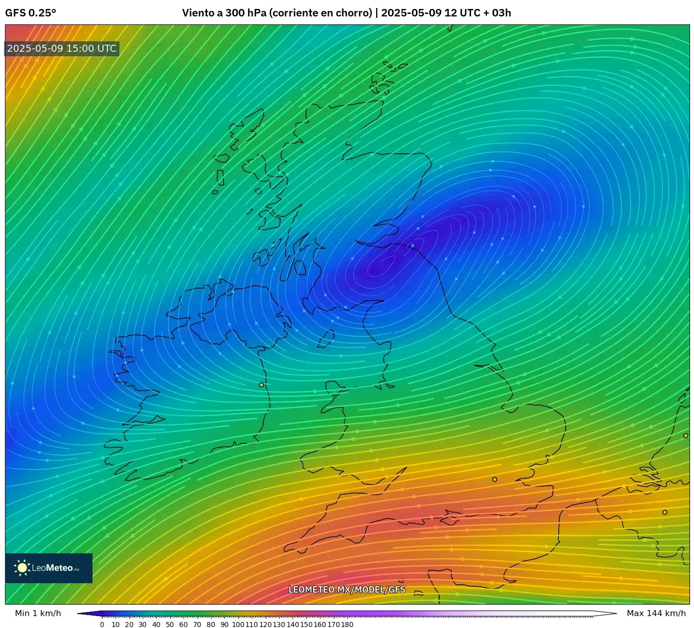 GFS - Reino Unido, Viento a 300 hPa (corriente en chorro) GFS - Reino Unido, Viento a 300 hPa (corriente en chorro)