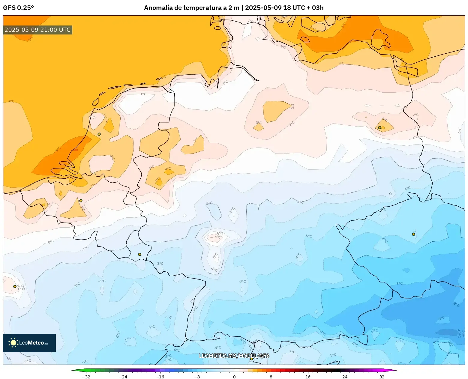 GFS - Alemania, Anomalía de temperatura a 2 m GFS - Alemania, Anomalía de temperatura a 2 m
