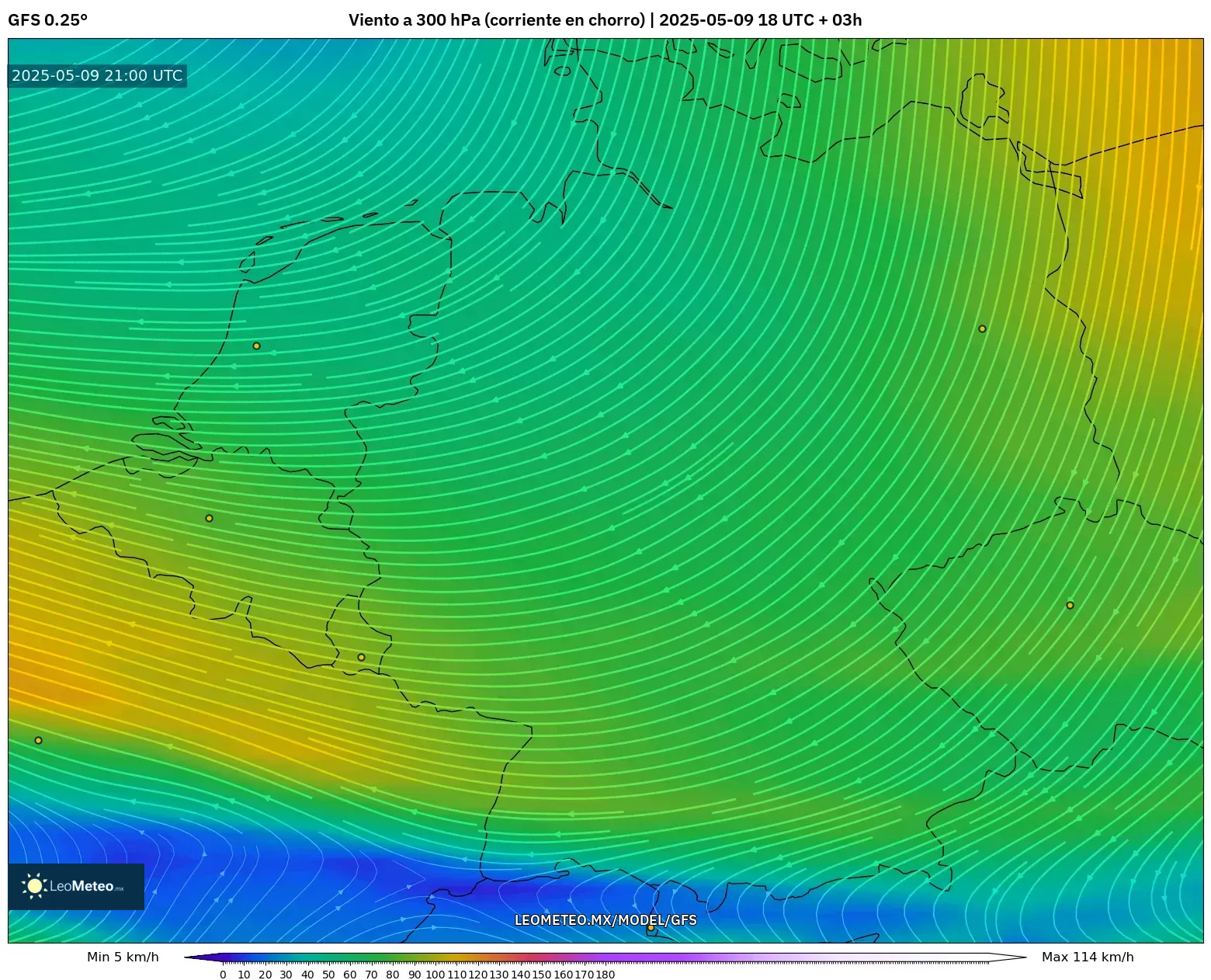 GFS - Alemania, Viento a 300 hPa (corriente en chorro) GFS - Alemania, Viento a 300 hPa (corriente en chorro)
