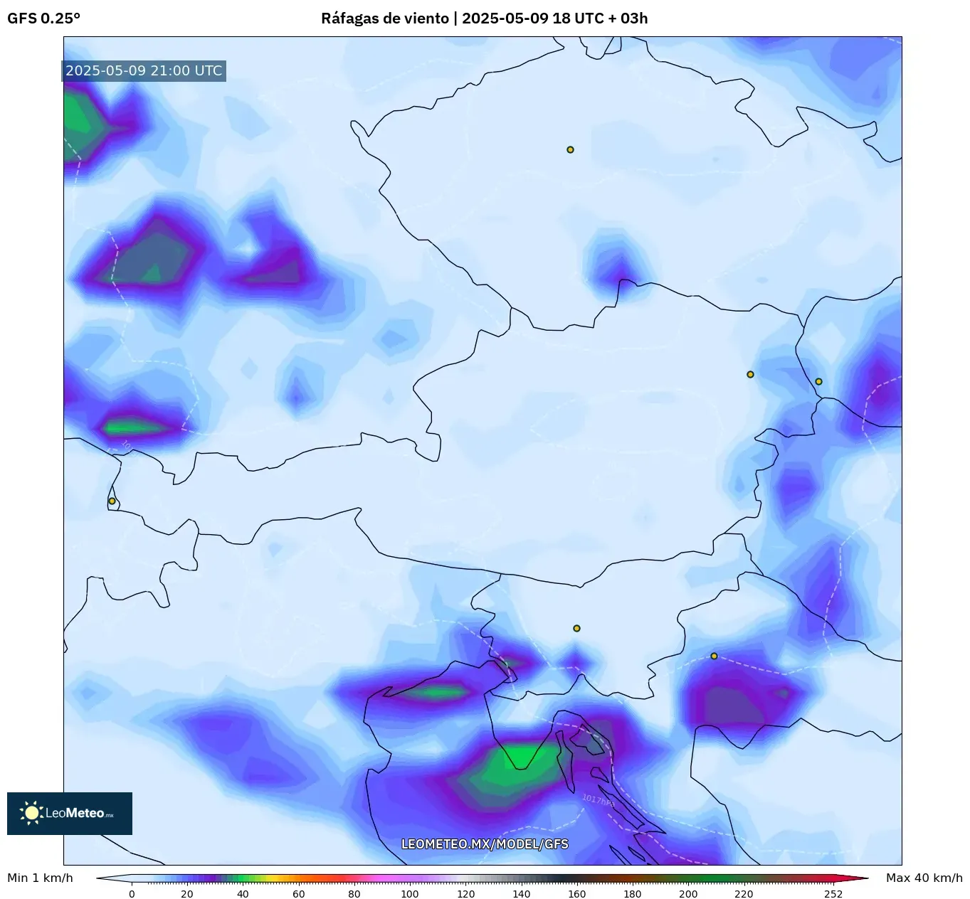 GFS - Austria, Ráfagas de viento GFS - Austria, Ráfagas de viento