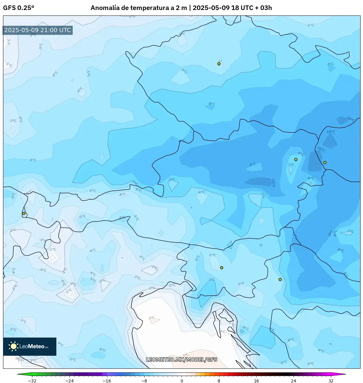 GFS - Austria, Anomalía de temperatura a 2 m GFS - Austria, Anomalía de temperatura a 2 m
