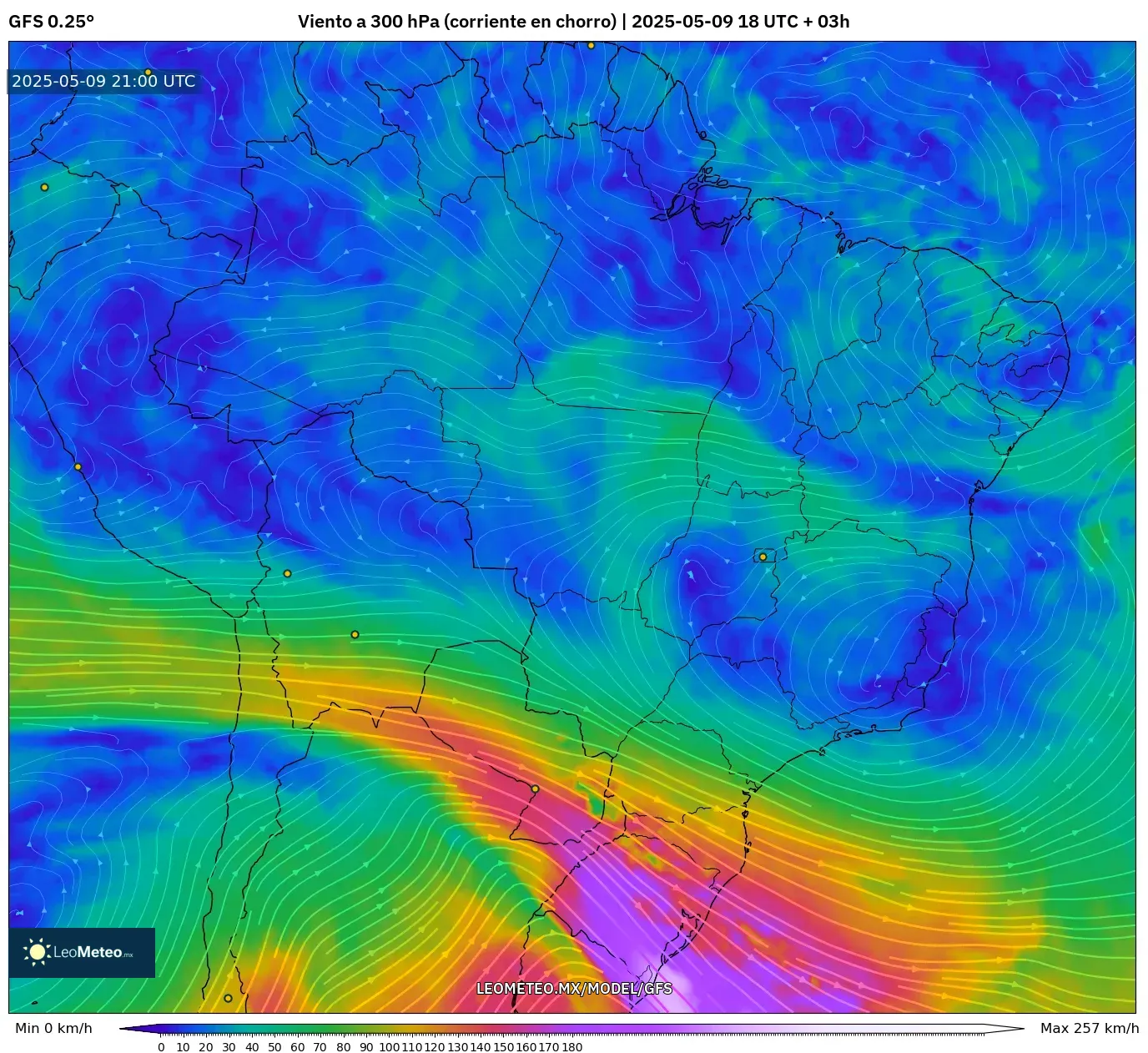 GFS - Brasil, Viento a 300 hPa (corriente en chorro) GFS - Brasil, Viento a 300 hPa (corriente en chorro)