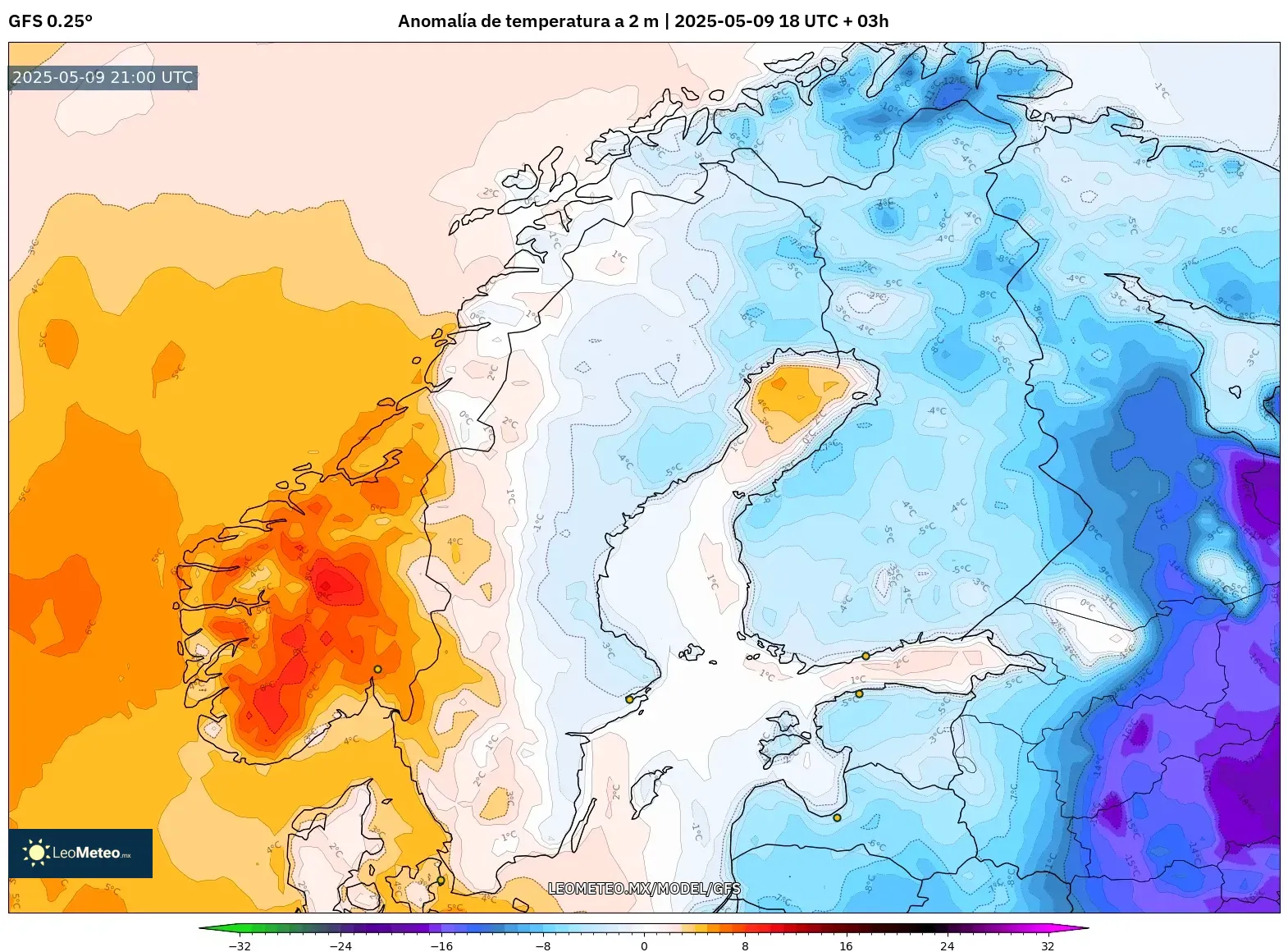 GFS - Escandinavia, Anomalía de temperatura a 2 m GFS - Escandinavia, Anomalía de temperatura a 2 m