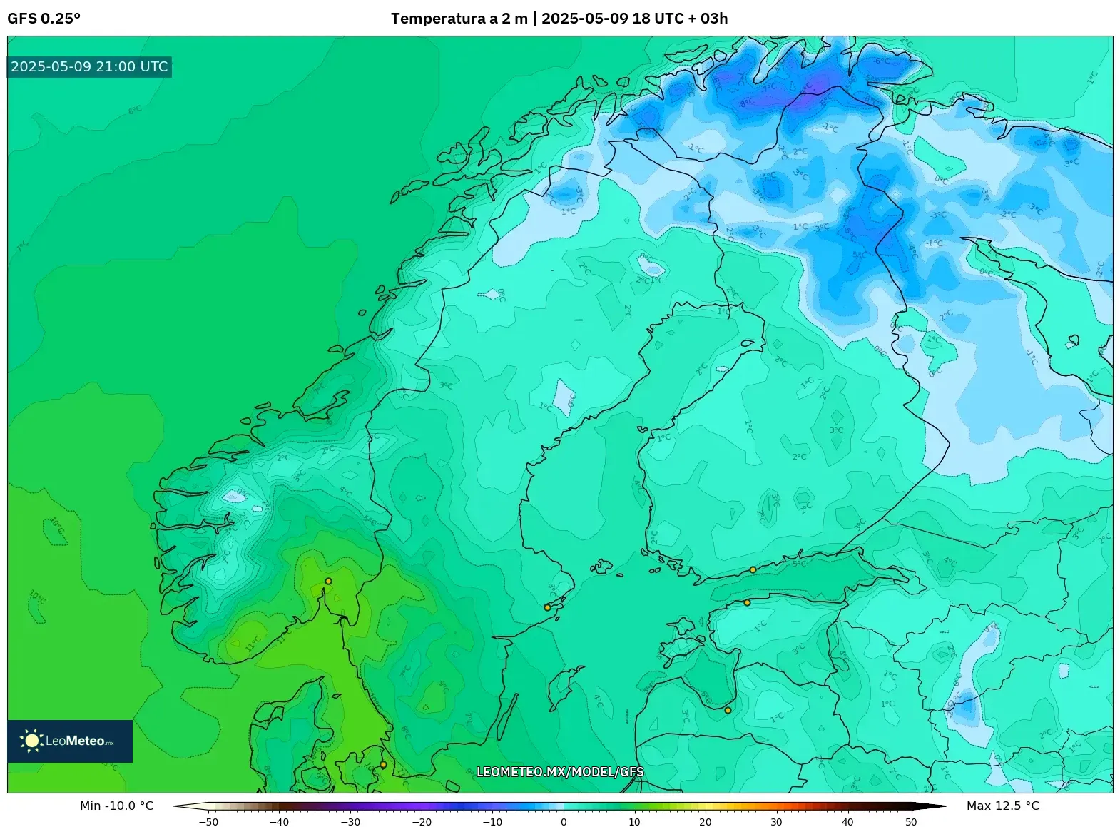 GFS - Escandinavia, Temperatura a 2 m GFS - Escandinavia, Temperatura a 2 m