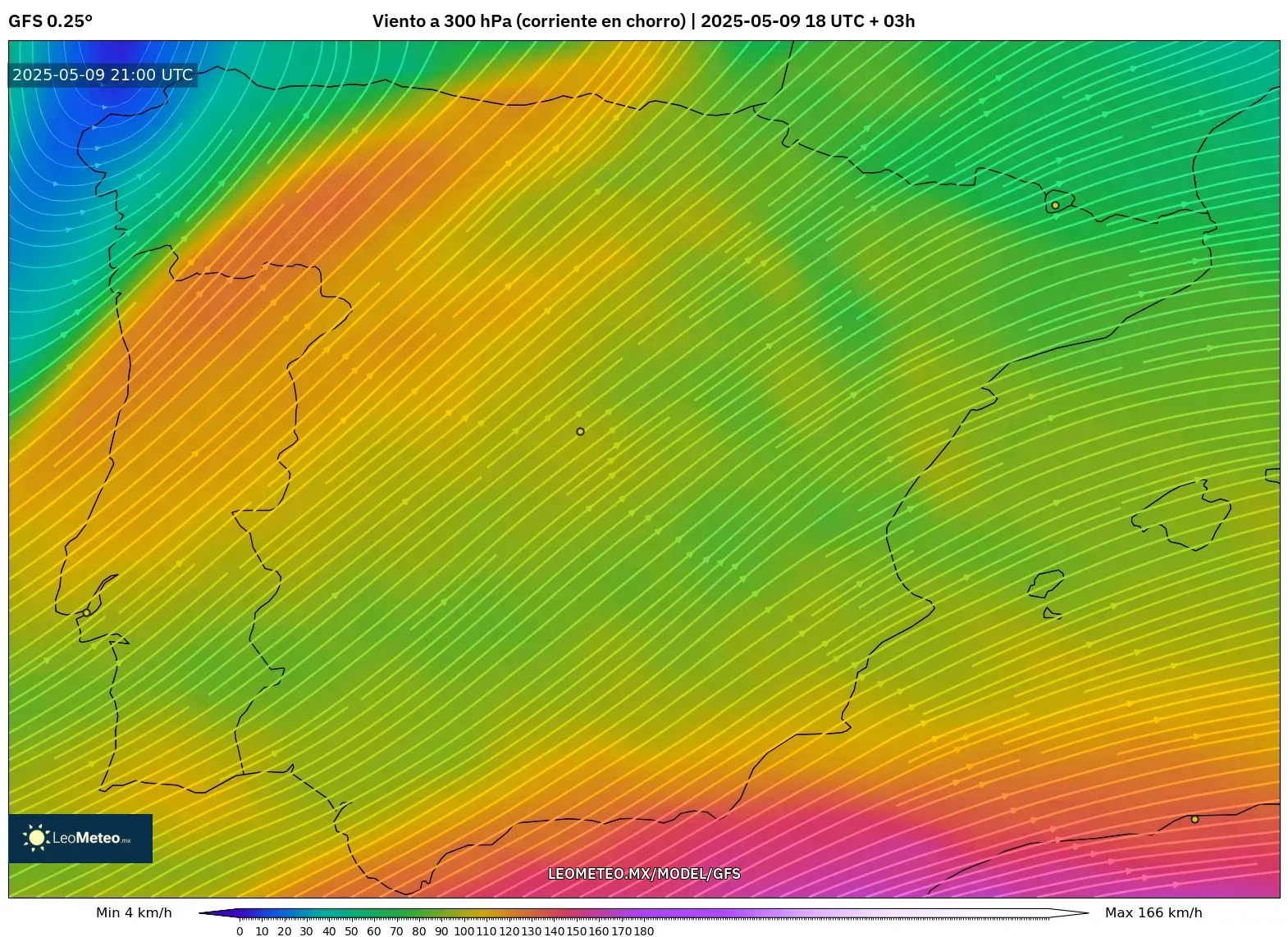 GFS - España, Viento a 300 hPa (corriente en chorro) GFS - España, Viento a 300 hPa (corriente en chorro)
