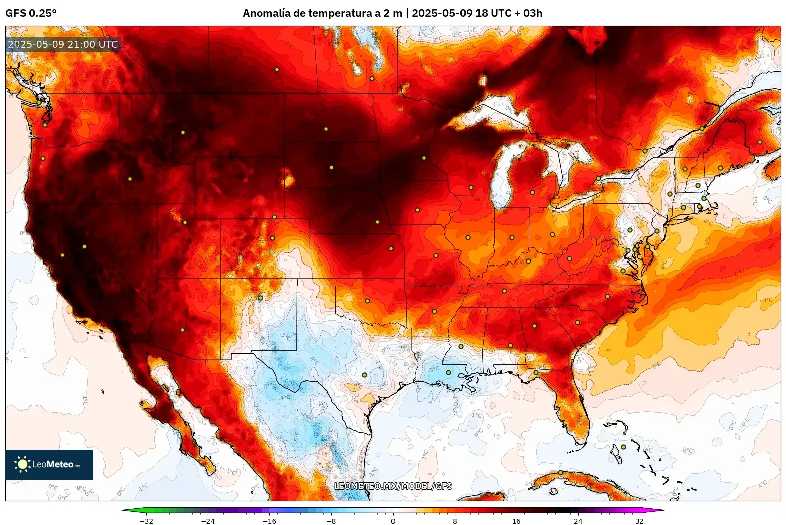 GFS - Estados Unidos, Anomalía de temperatura a 2 m GFS - Estados Unidos, Anomalía de temperatura a 2 m