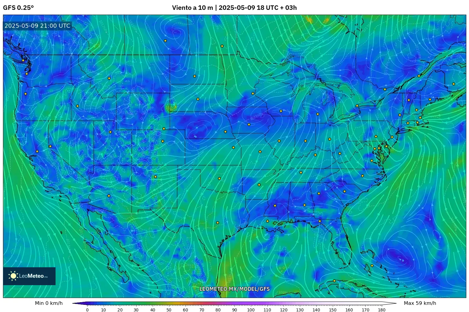GFS - Estados Unidos, Viento a 10 m GFS - Estados Unidos, Viento a 10 m