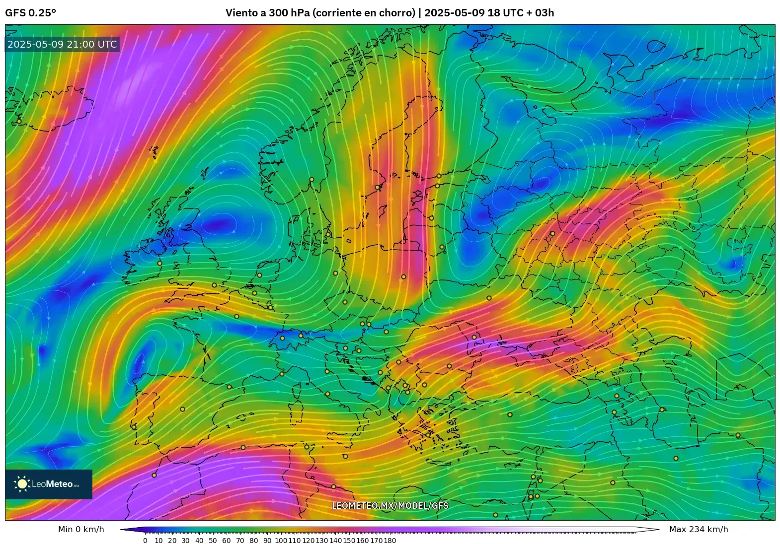 GFS - Europa, Viento a 300 hPa (corriente en chorro)