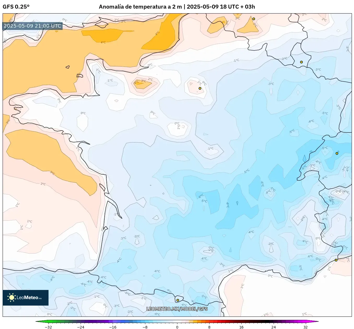 GFS - Francia, Anomalía de temperatura a 2 m GFS - Francia, Anomalía de temperatura a 2 m