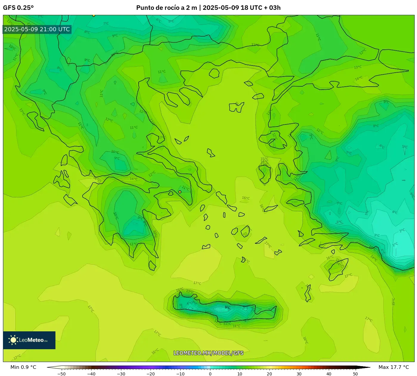GFS - Grecia, Punto de rocío a 2 m GFS - Grecia, Punto de rocío a 2 m