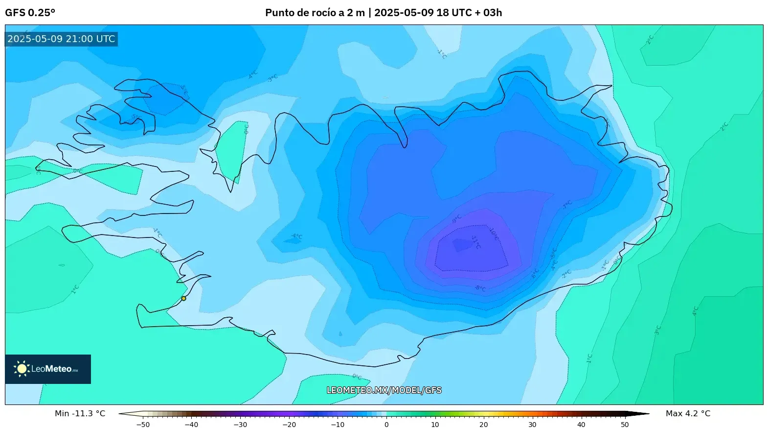 GFS - Islandia, Punto de rocío a 2 m GFS - Islandia, Punto de rocío a 2 m