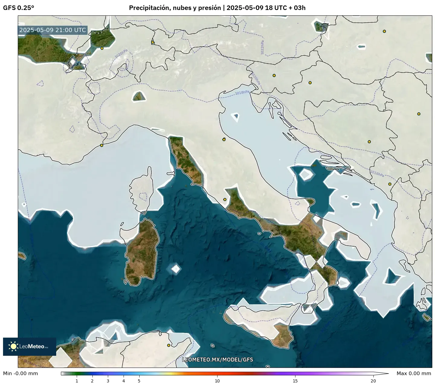 GFS - Italia, Precipitación, nubes y presión GFS - Italia, Precipitación, nubes y presión