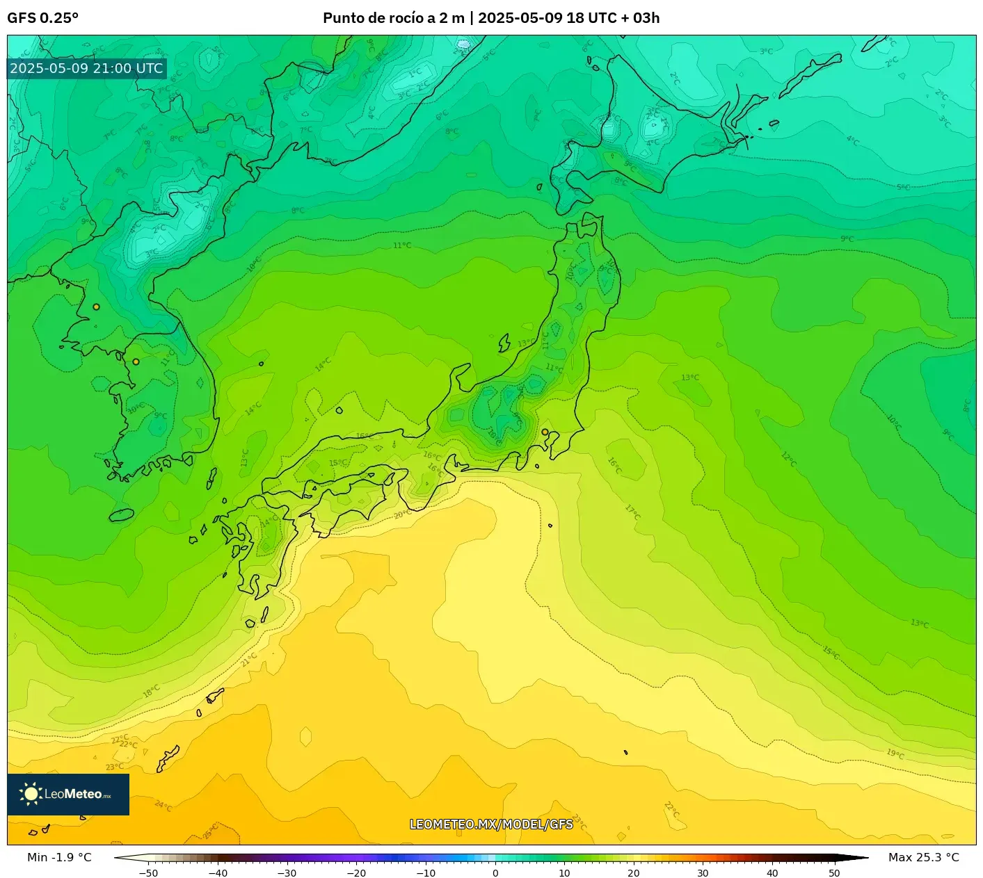 GFS - Japón, Punto de rocío a 2 m GFS - Japón, Punto de rocío a 2 m