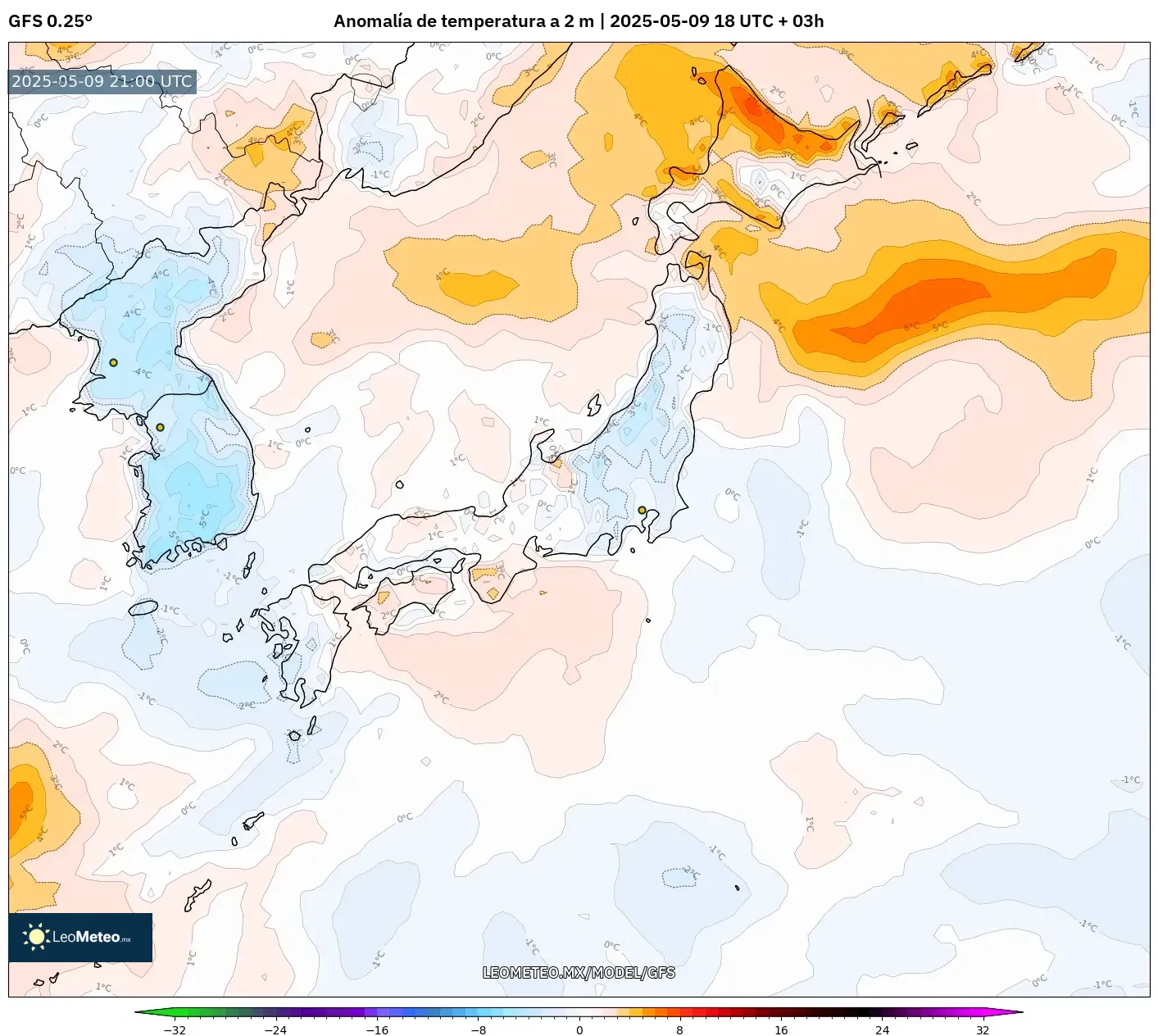 GFS - Japón, Anomalía de temperatura a 2 m GFS - Japón, Anomalía de temperatura a 2 m