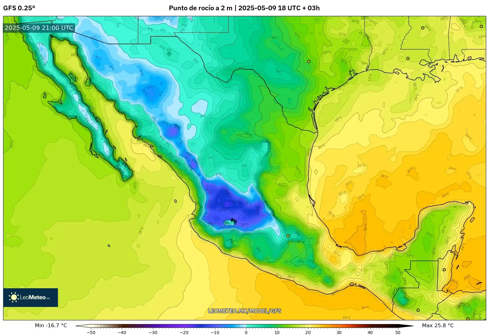 GFS - México, Punto de rocío a 2 m GFS - México, Punto de rocío a 2 m