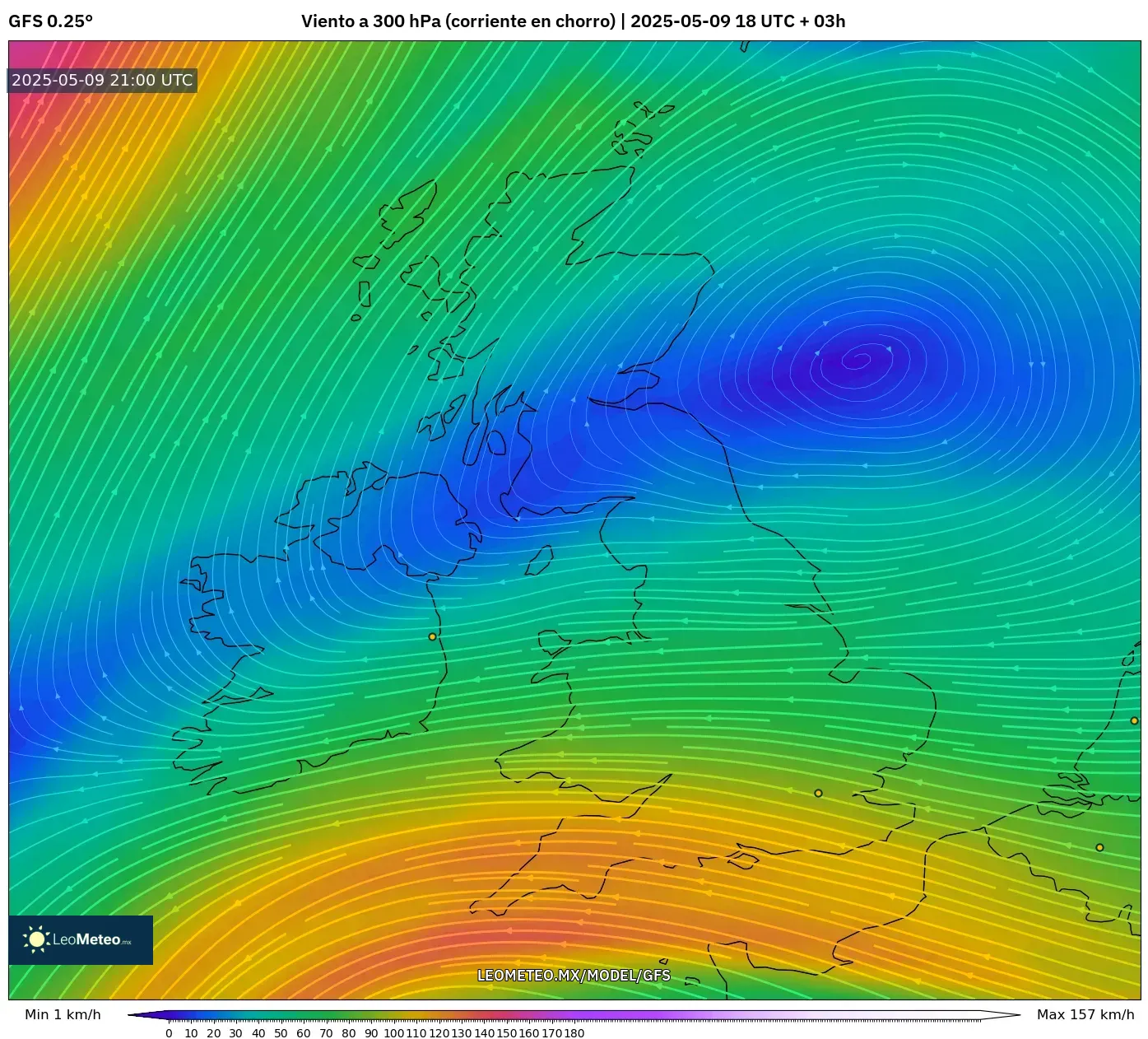GFS - Reino Unido, Viento a 300 hPa (corriente en chorro) GFS - Reino Unido, Viento a 300 hPa (corriente en chorro)