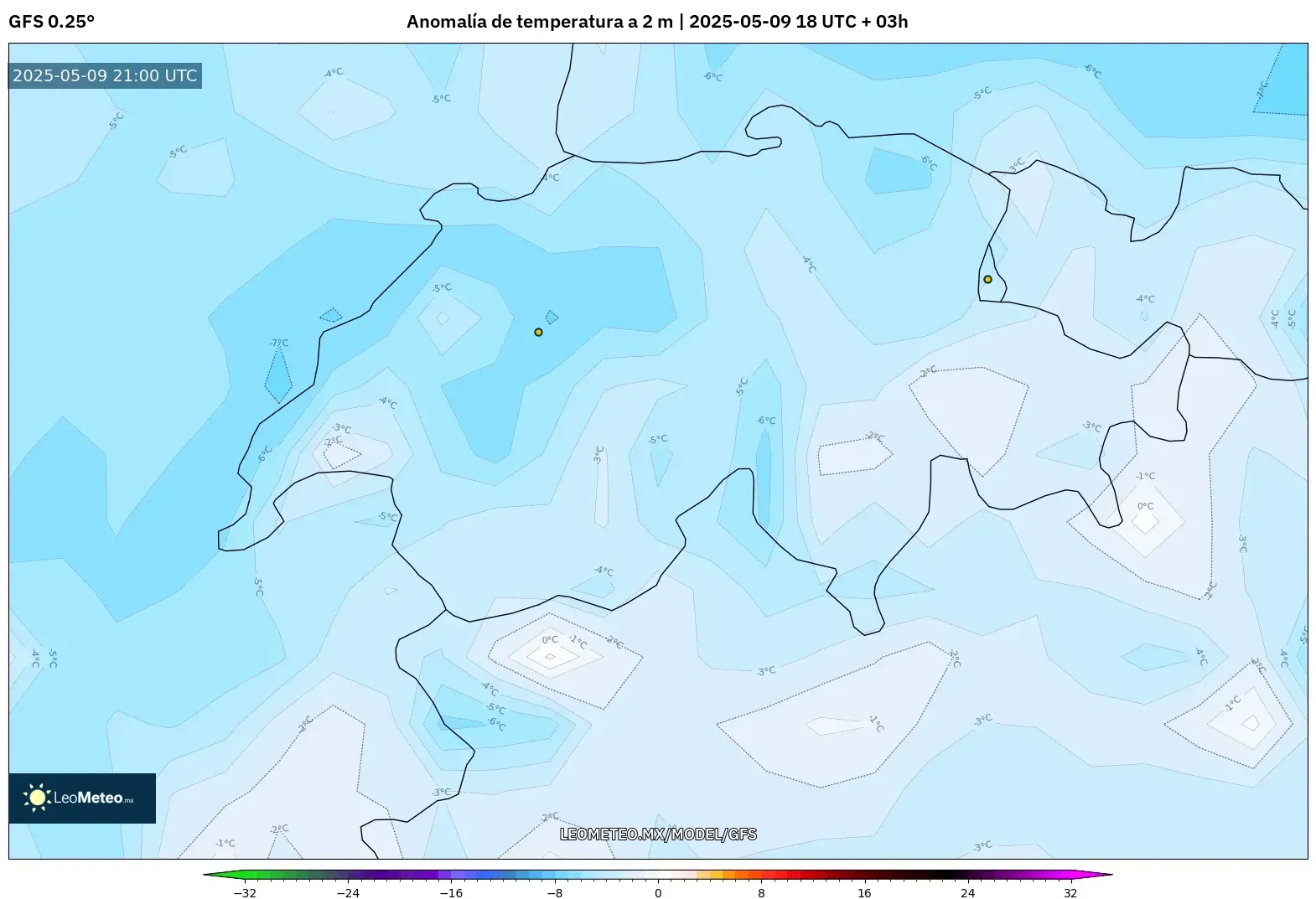 GFS - Suiza, Anomalía de temperatura a 2 m GFS - Suiza, Anomalía de temperatura a 2 m