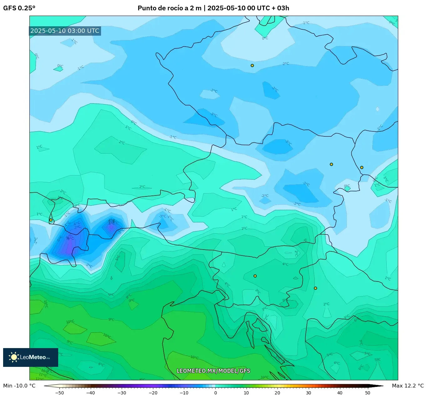 GFS - Austria, Punto de rocío a 2 m GFS - Austria, Punto de rocío a 2 m