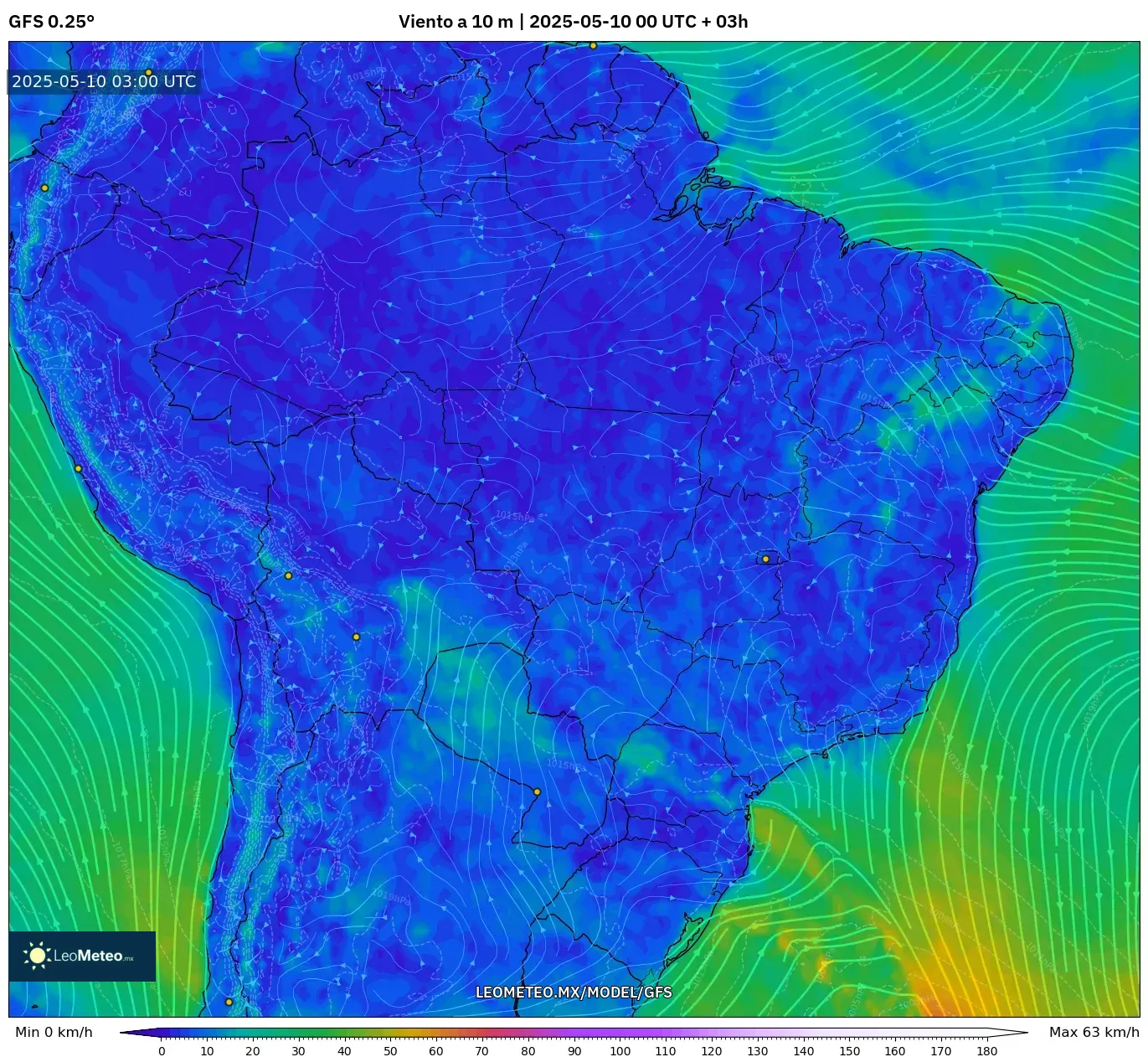 GFS - Brasil, Viento a 10 m GFS - Brasil, Viento a 10 m