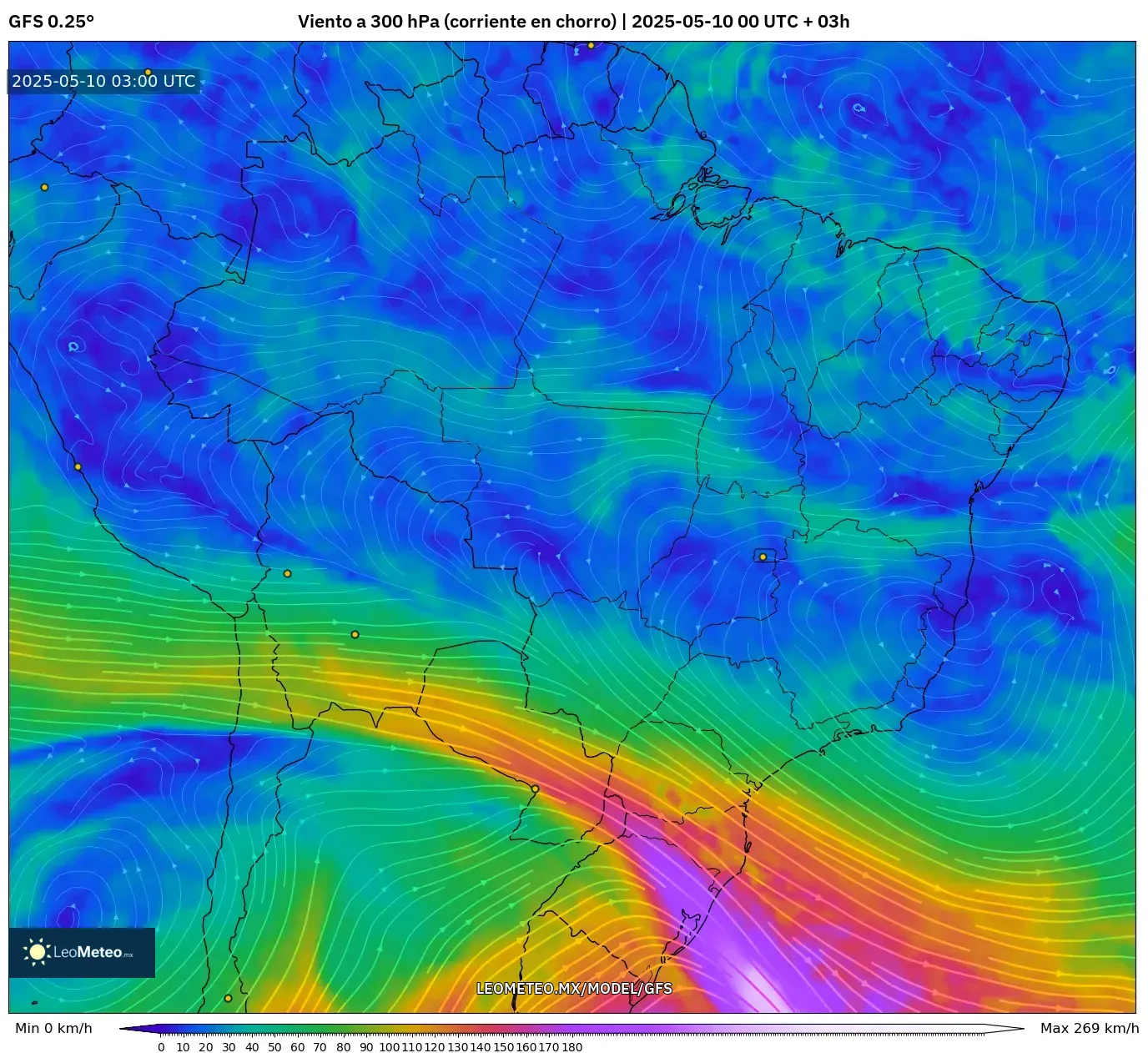 GFS - Brasil, Viento a 300 hPa (corriente en chorro) GFS - Brasil, Viento a 300 hPa (corriente en chorro)