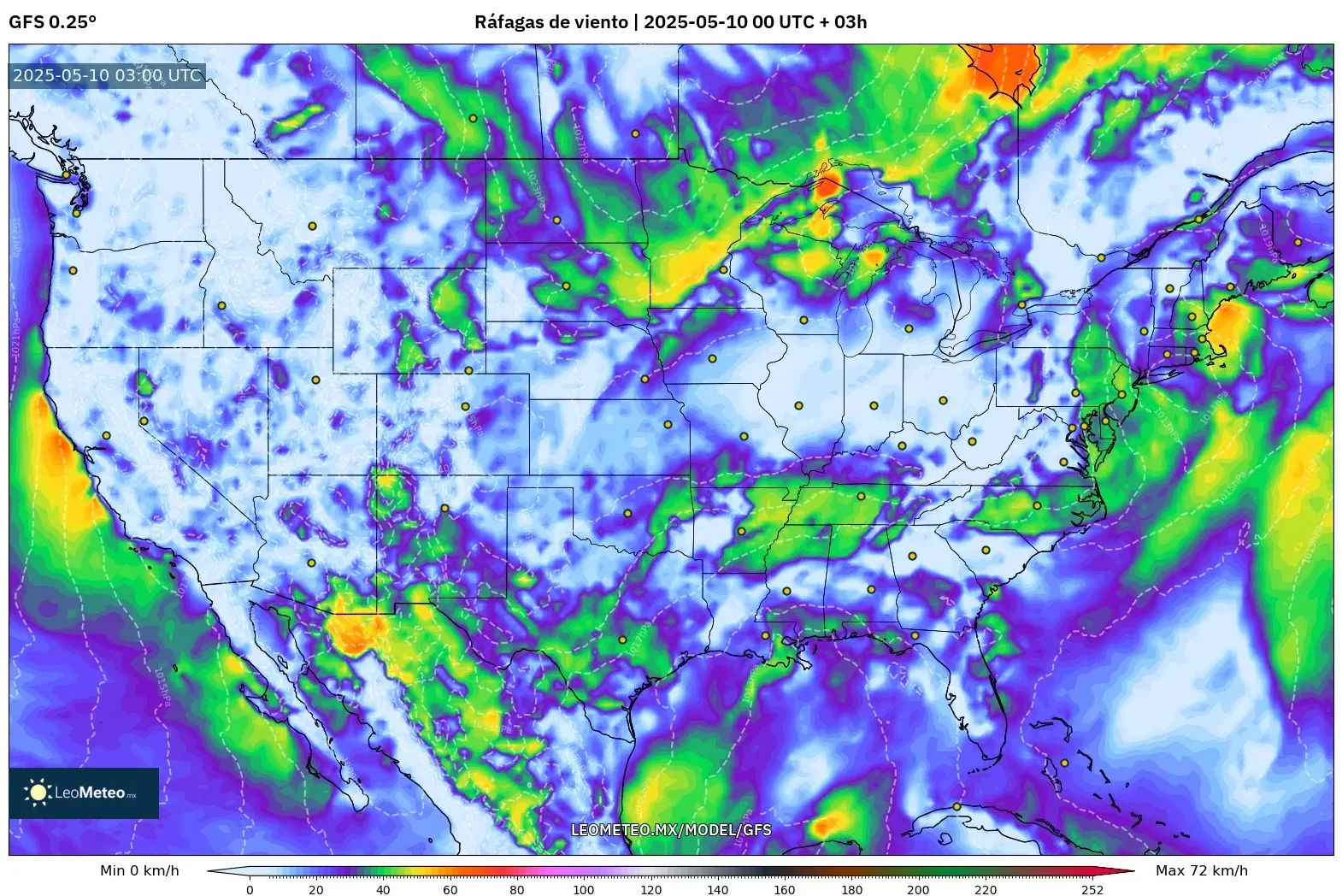 GFS - Estados Unidos, Ráfagas de viento GFS - Estados Unidos, Ráfagas de viento