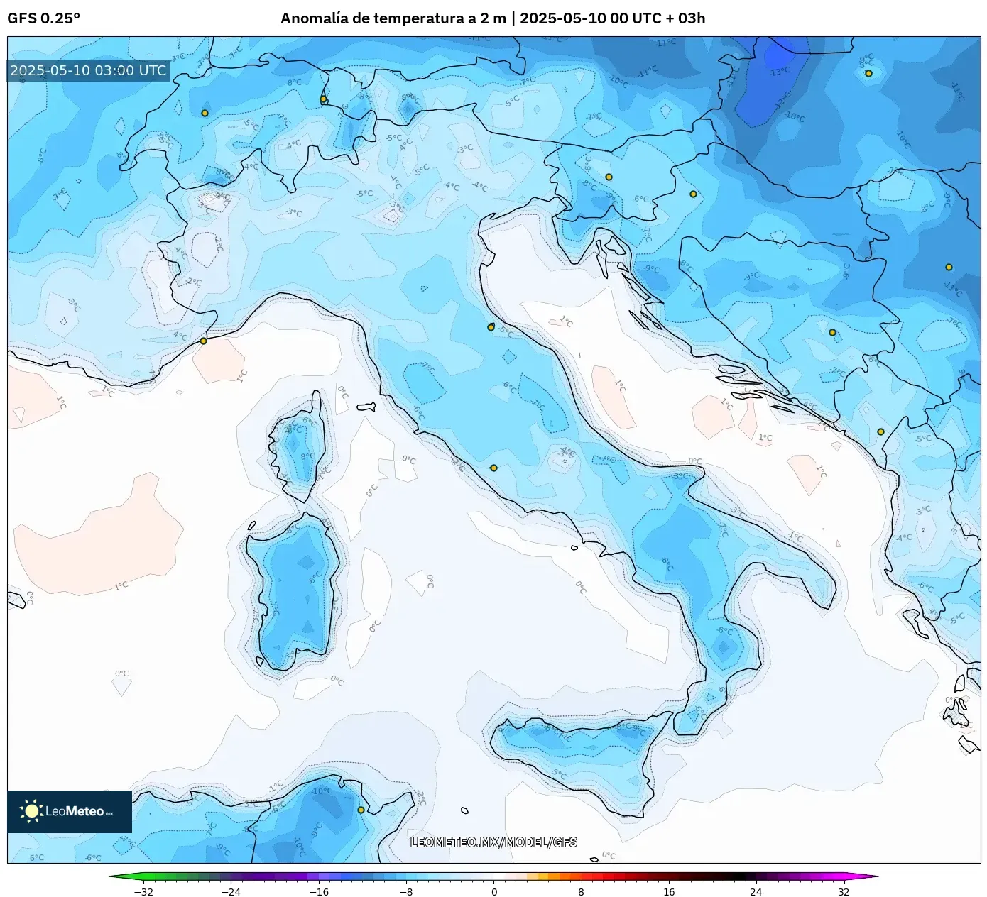 GFS - Italia, Anomalía de temperatura a 2 m GFS - Italia, Anomalía de temperatura a 2 m