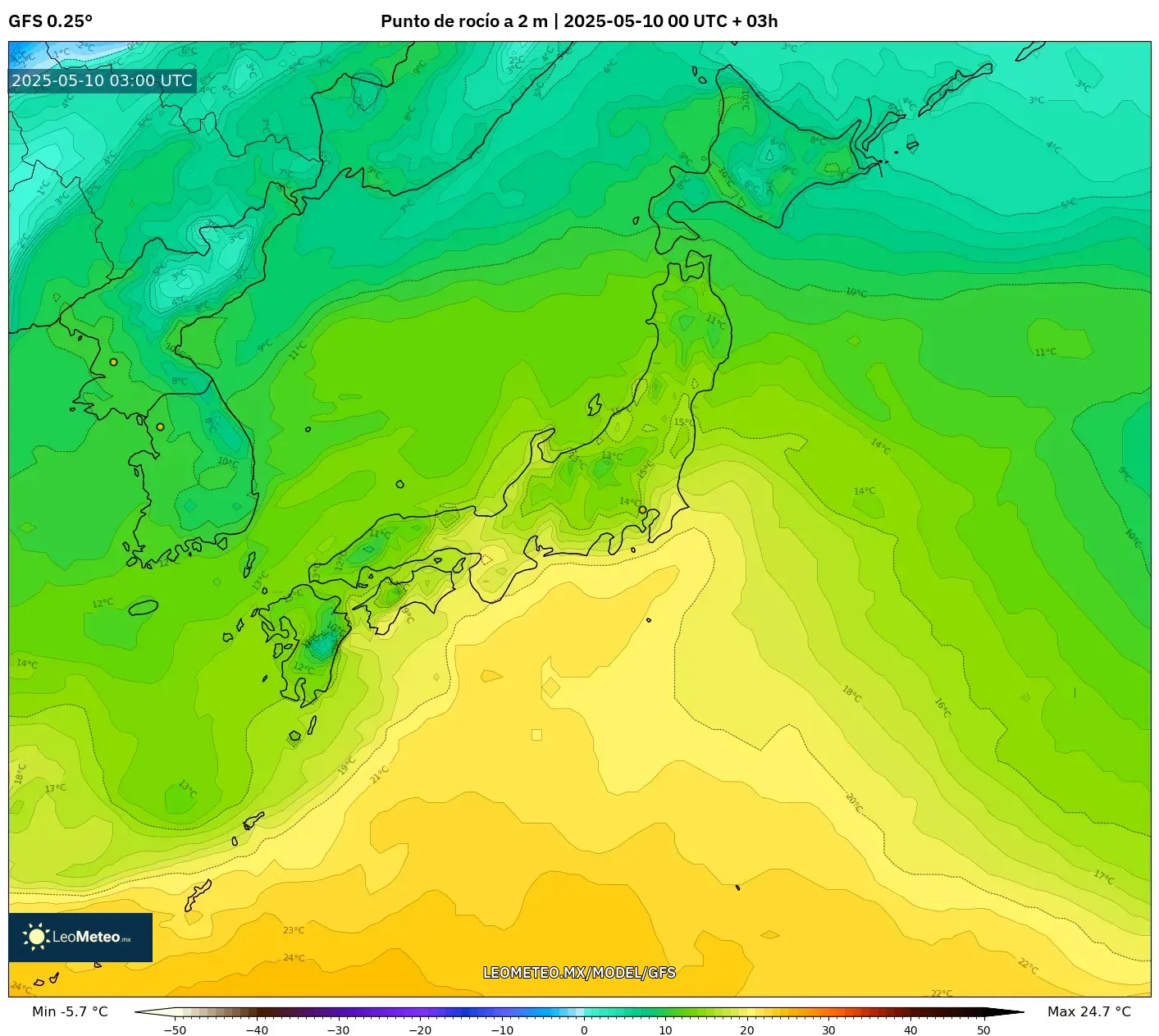 GFS - Japón, Punto de rocío a 2 m GFS - Japón, Punto de rocío a 2 m