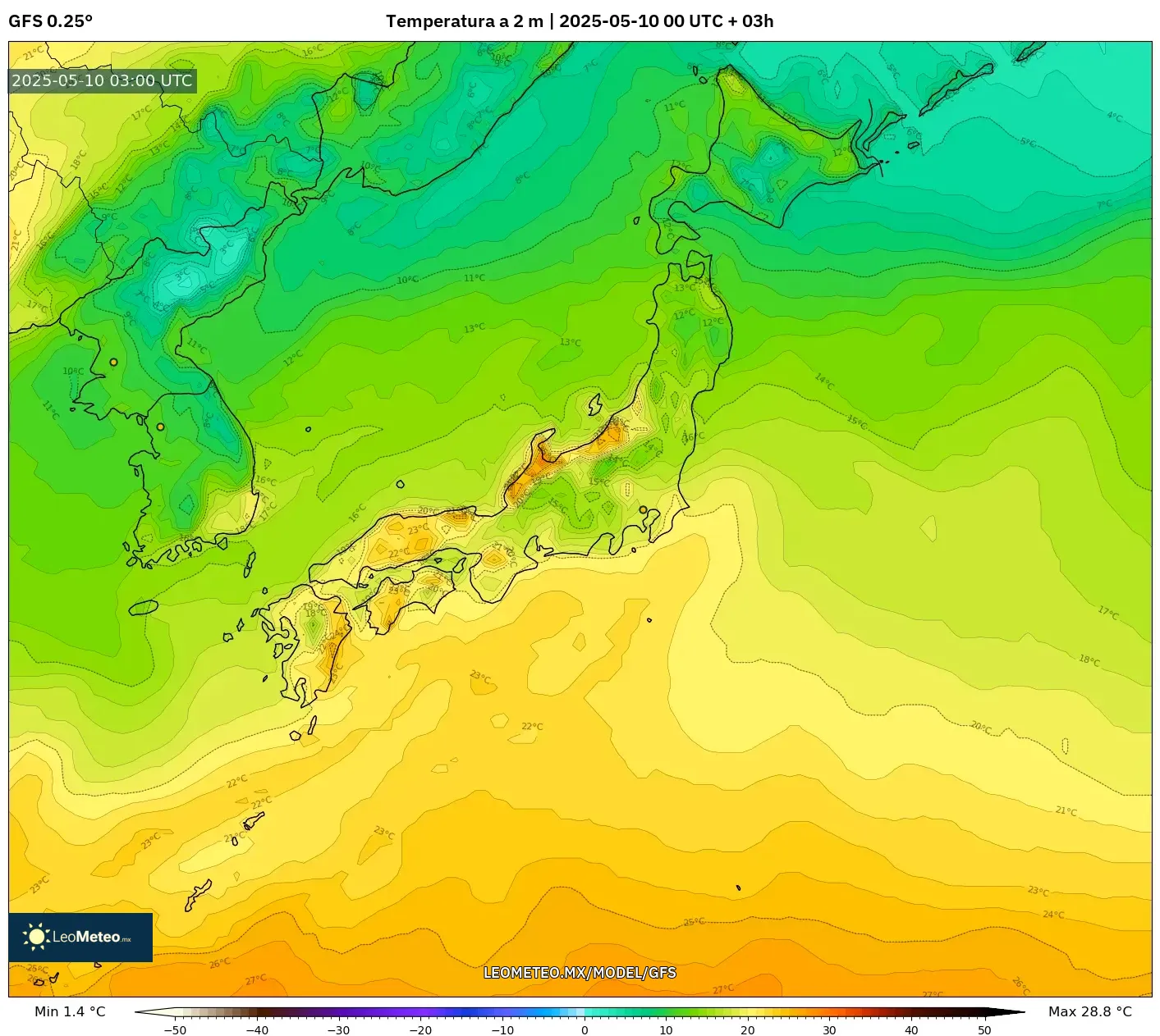 GFS - Japón, Temperatura a 2 m GFS - Japón, Temperatura a 2 m