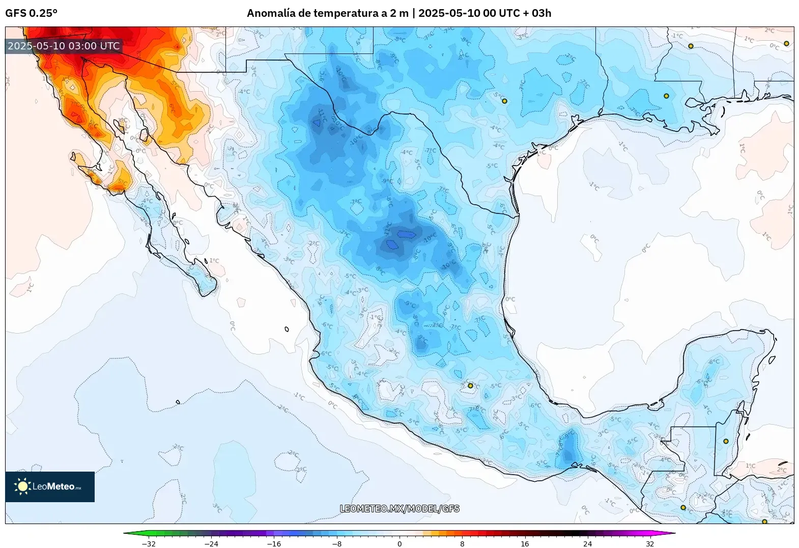 GFS - México, Anomalía de temperatura a 2 m GFS - México, Anomalía de temperatura a 2 m
