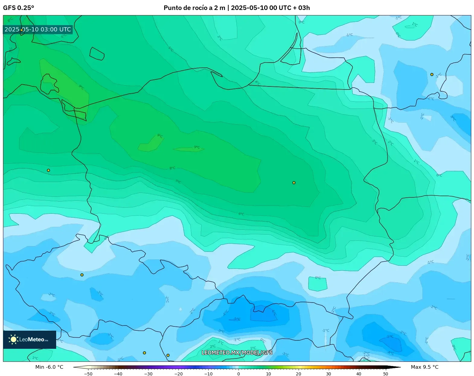 GFS - Polonia, Punto de rocío a 2 m GFS - Polonia, Punto de rocío a 2 m
