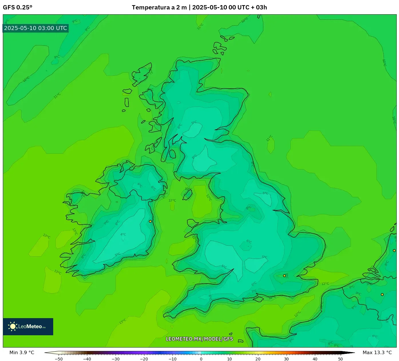 GFS - Reino Unido, Temperatura a 2 m GFS - Reino Unido, Temperatura a 2 m