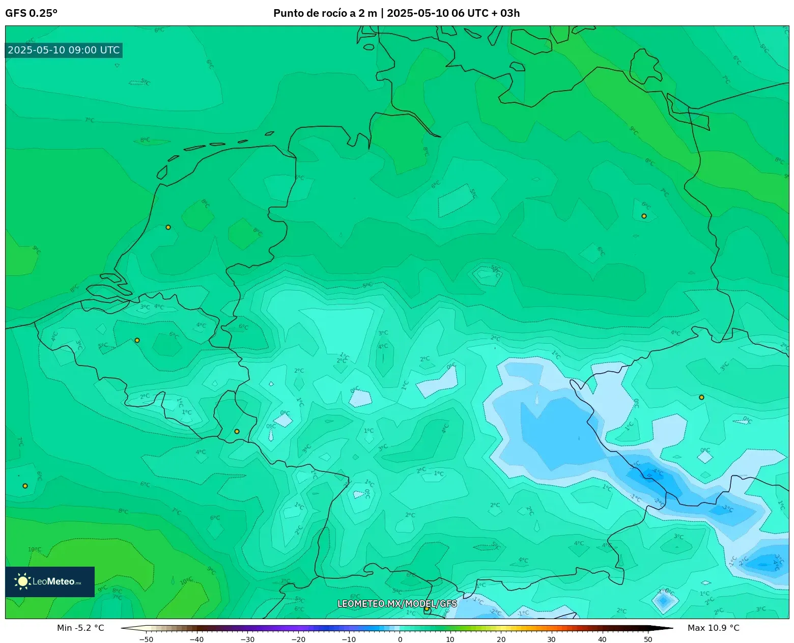 GFS - Alemania, Punto de rocío a 2 m GFS - Alemania, Punto de rocío a 2 m