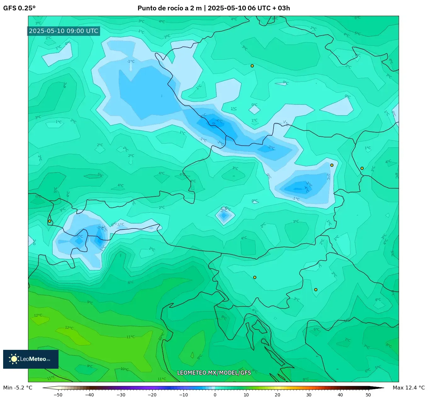 GFS - Austria, Punto de rocío a 2 m GFS - Austria, Punto de rocío a 2 m