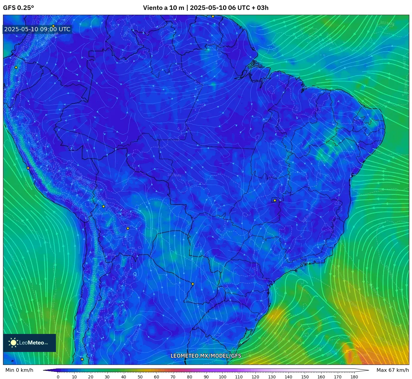 GFS - Brasil, Viento a 10 m GFS - Brasil, Viento a 10 m